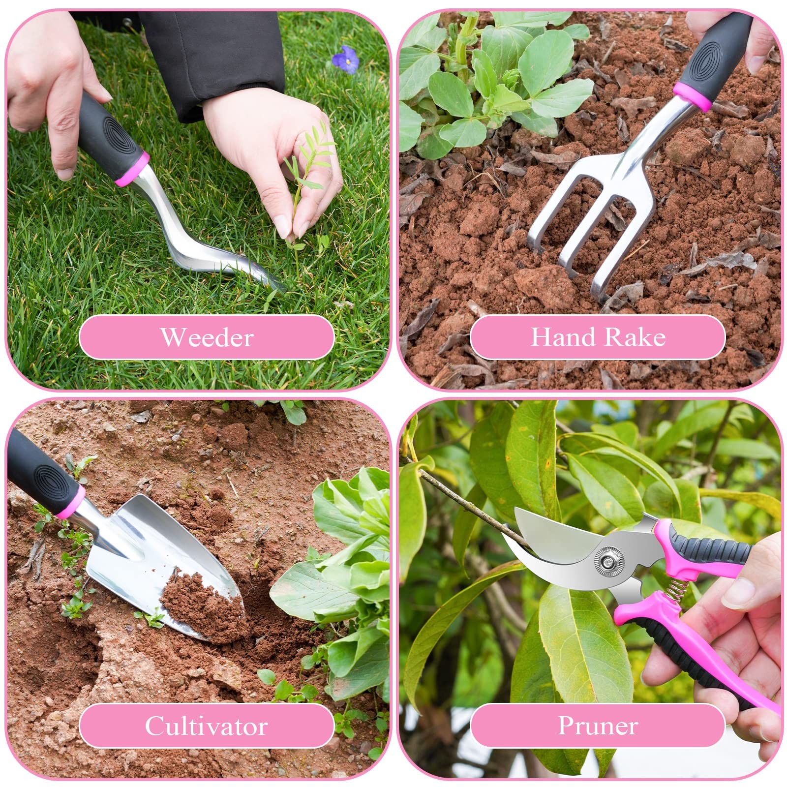 Pink Garden Tool Set for Women, 24~Piece Heavy Duty Gardening Tools with Bag