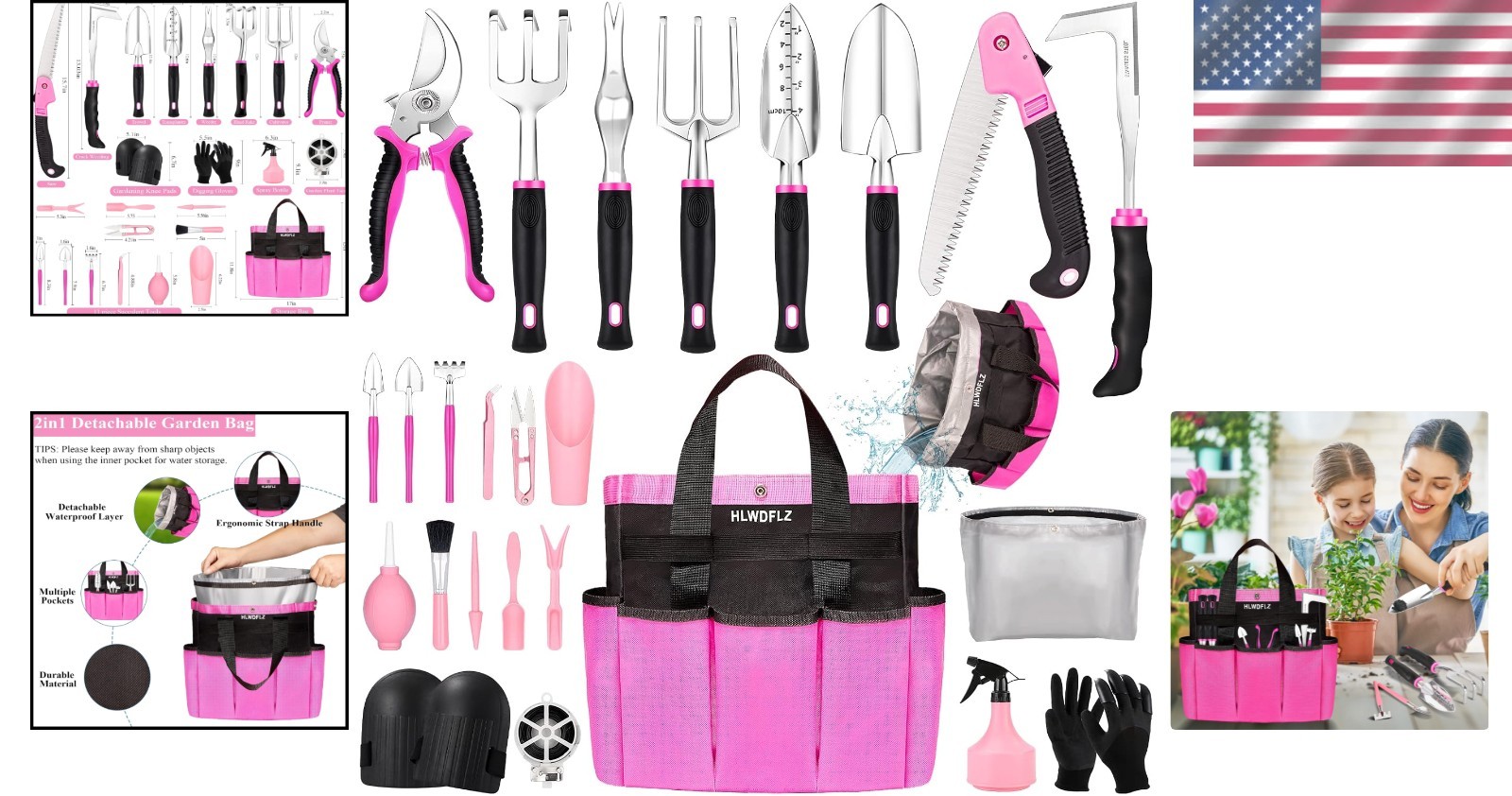 Deluxe Pink Gardening Tool Set – 24PCS Tools & Storage Bag for Women
