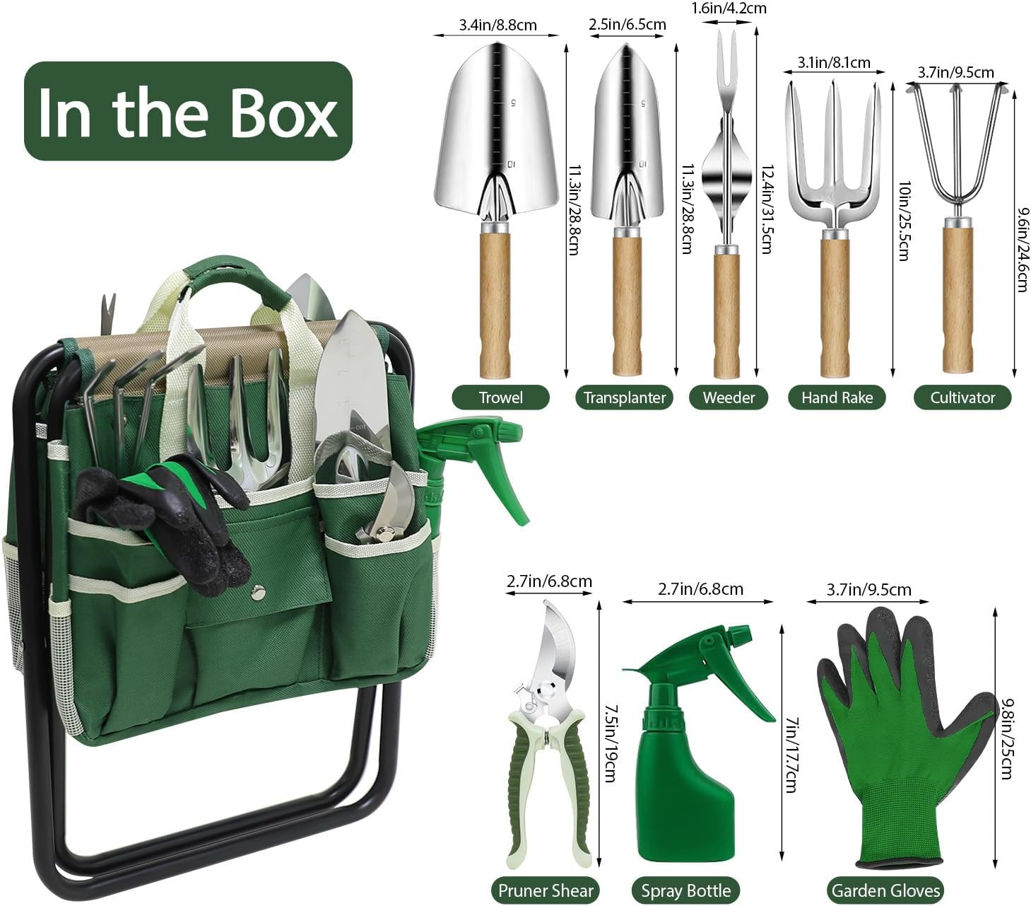 Garden Tool Set, 10 Piece Kit with Heavy Duty Folding Stool, Detachable Storage