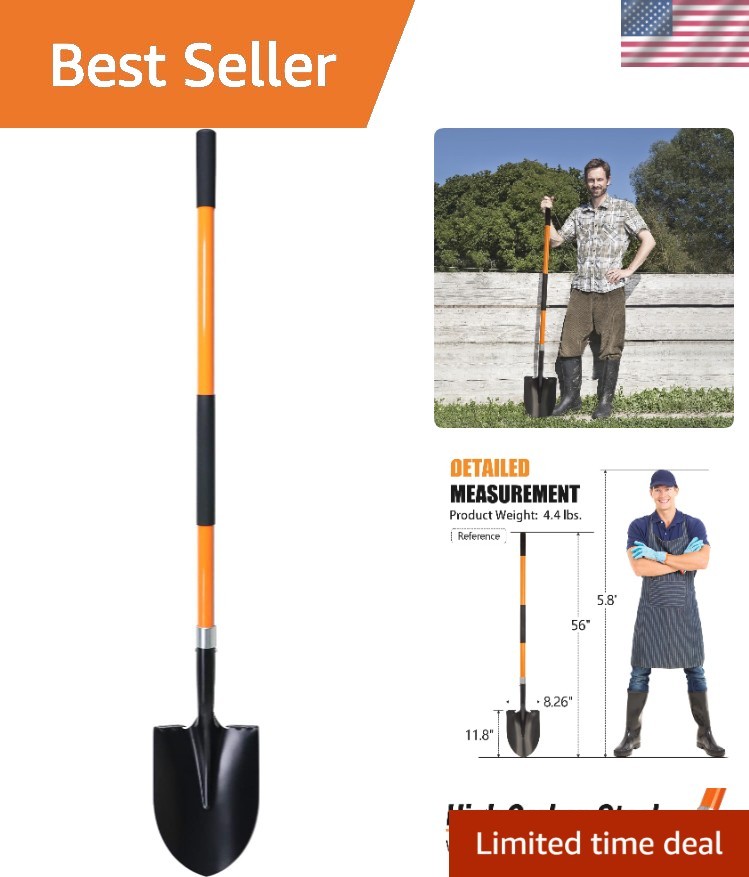 Professional 56″ Heavy-Duty Shovel with Round Blade & Sturdy Fiberglass Handle