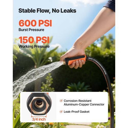 Garden Hose, 25 ft 5/8″ Heavy Duty 4-Layer Rubber Water Hose, 150PSI Working & 6