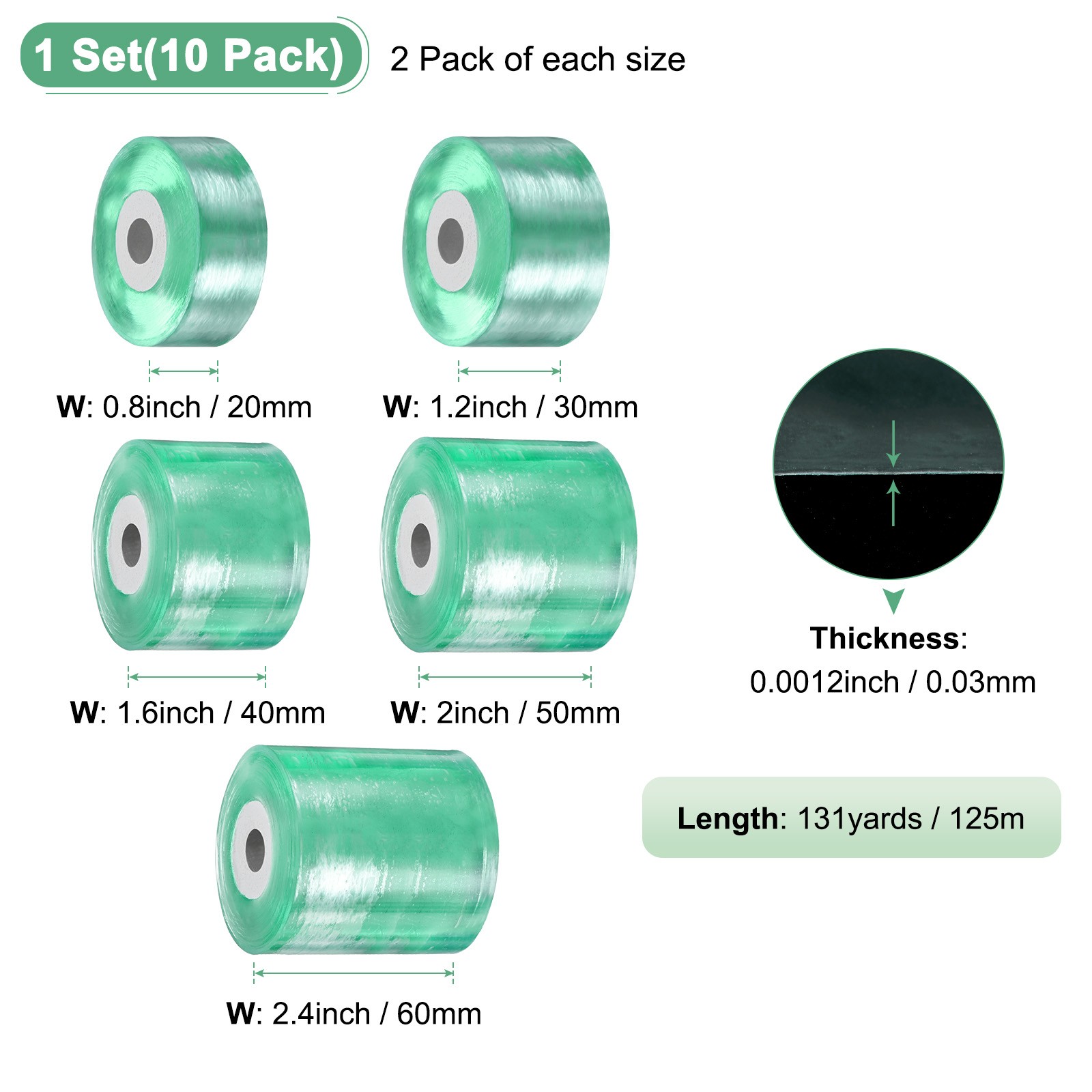 10-Pack 131yards Grafting Tape Per Pack [0.8″, 1.2″, 1.6″, 2″, 2.4″ W]