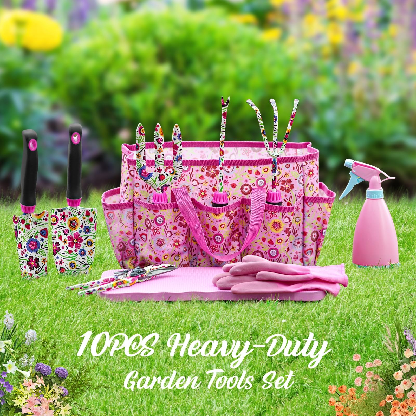 10~Piece Stainless Steel Garden Tool Set with Bag, Pink
