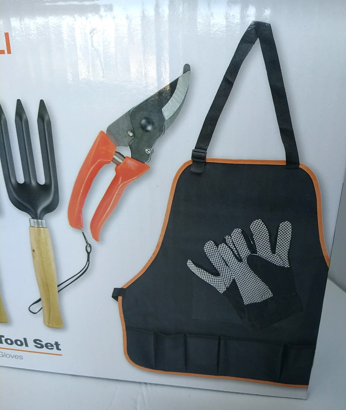 Garden Tools Set of 6 Hand Pruner Wood Handle Rake Trowel Fork Apron Gloves New