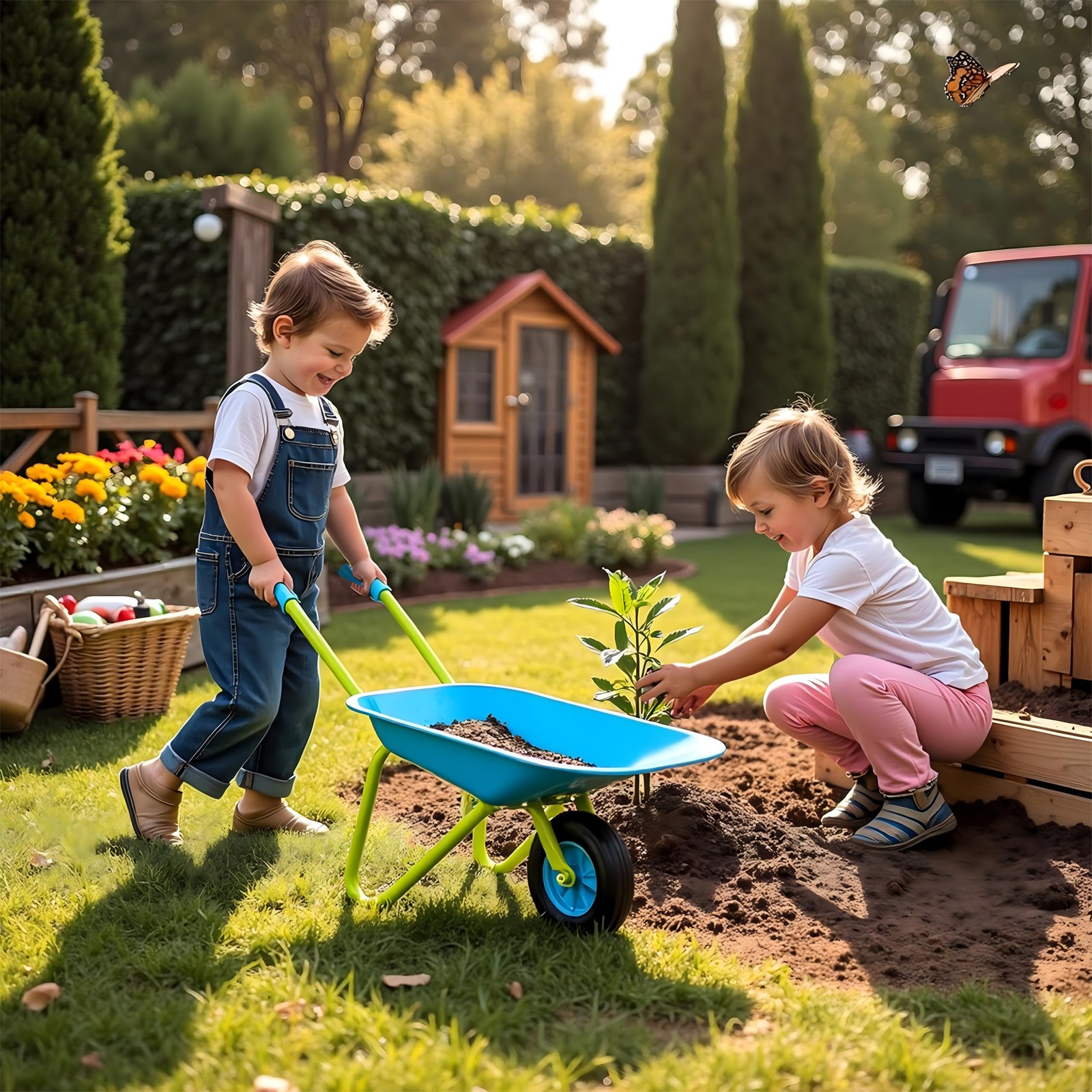 Kids Metal Wheelbarrow Child-Sized Durable Construction with Sturdy Easy