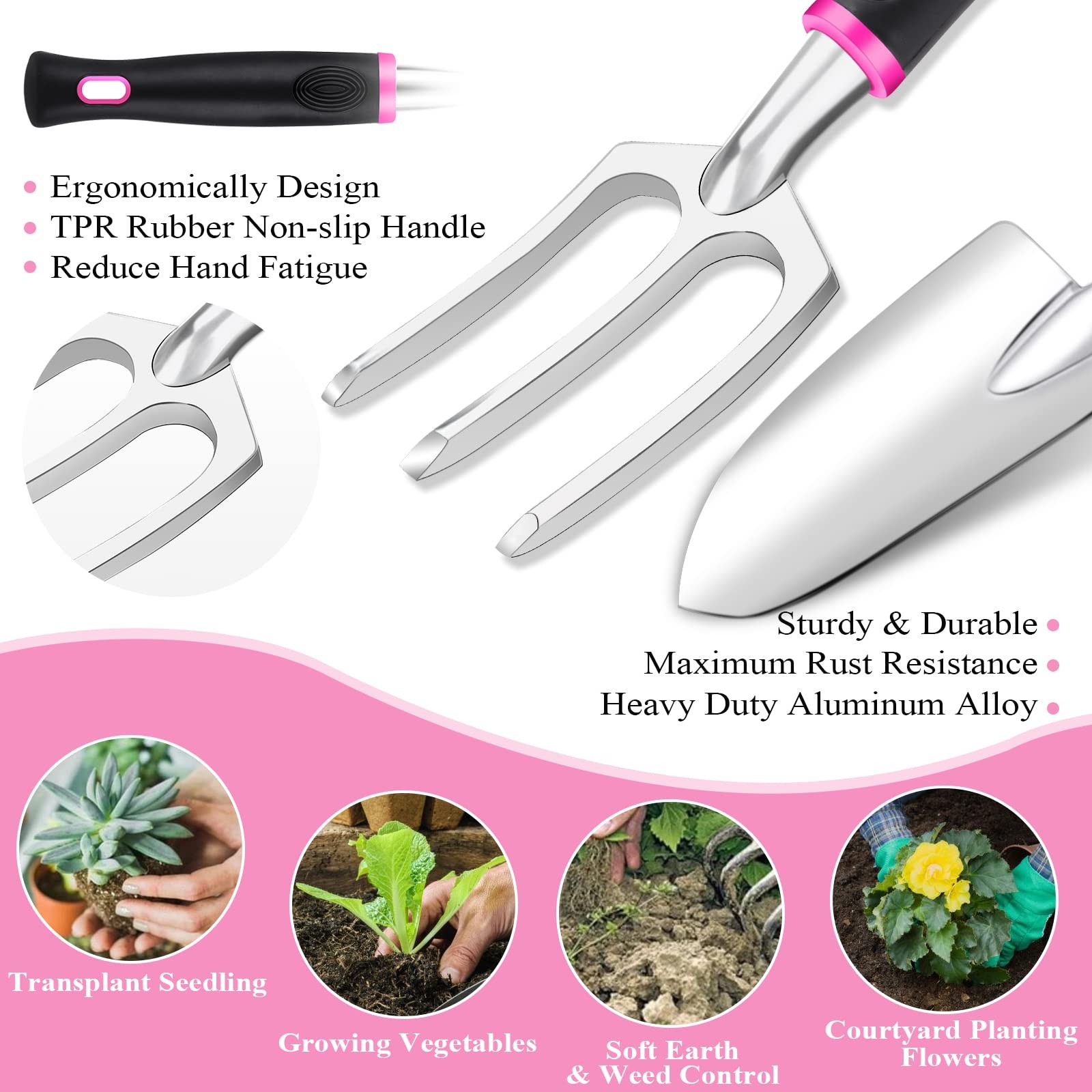 Pink Garden Tool Set for Women, 24~Piece Heavy Duty Gardening Tools with Bag