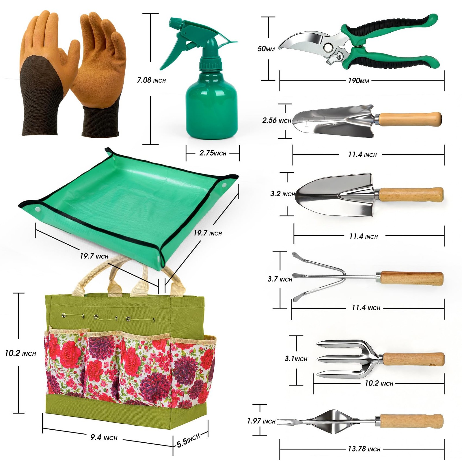 10~Piece Stainless Steel Garden Tool Set with Tote Bag