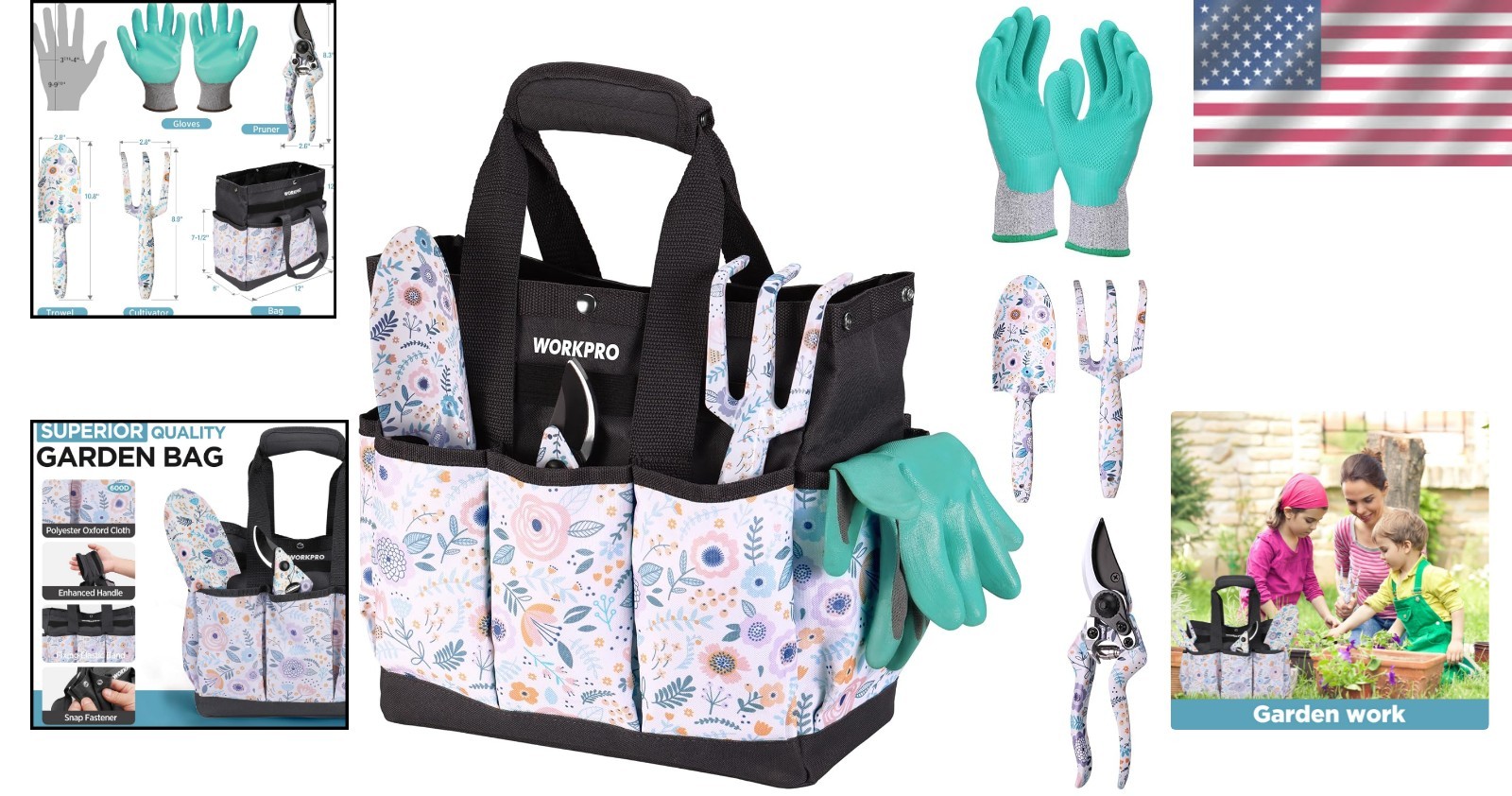 Workpro 5-Piece Aluminum Garden Tool Set – Beautiful Floral Design & Storage Bag