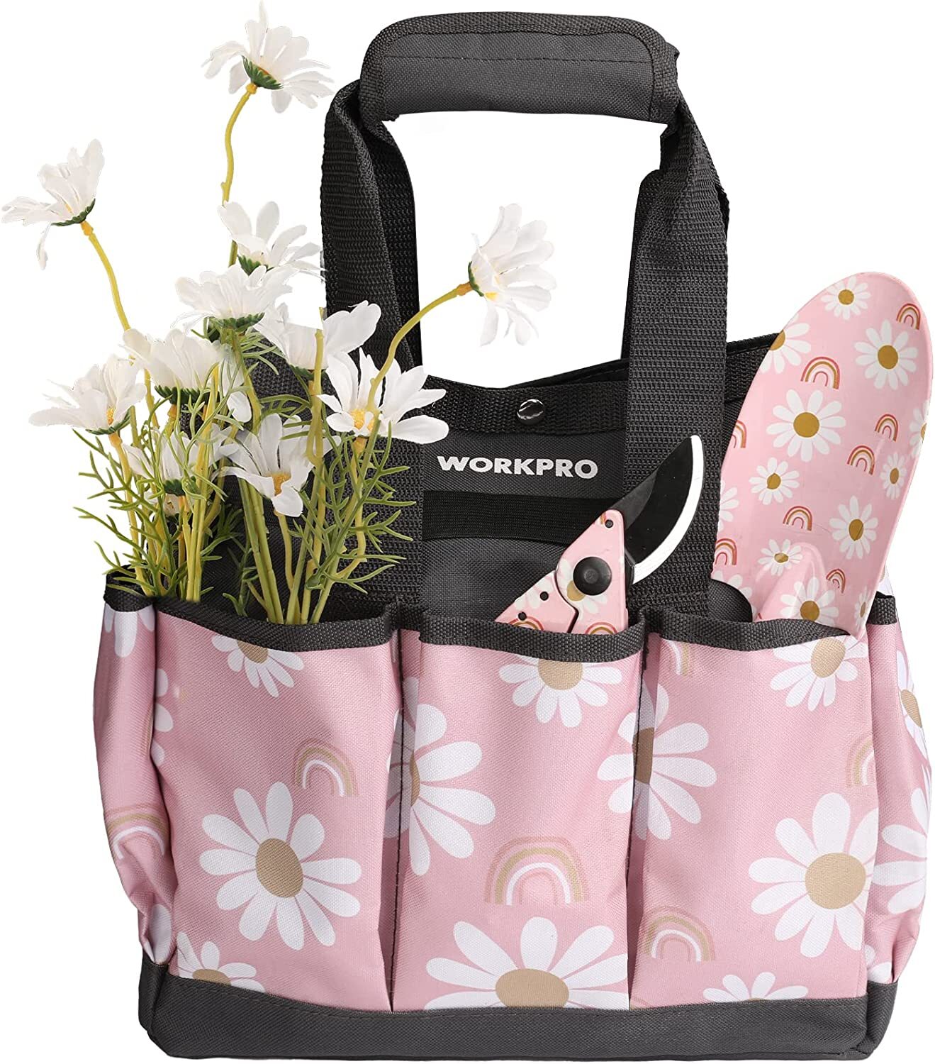 WORKPRO Oxford Garden Tool Storage Bag Heavy Duty w/ Anti-Slip Handle Pink/White