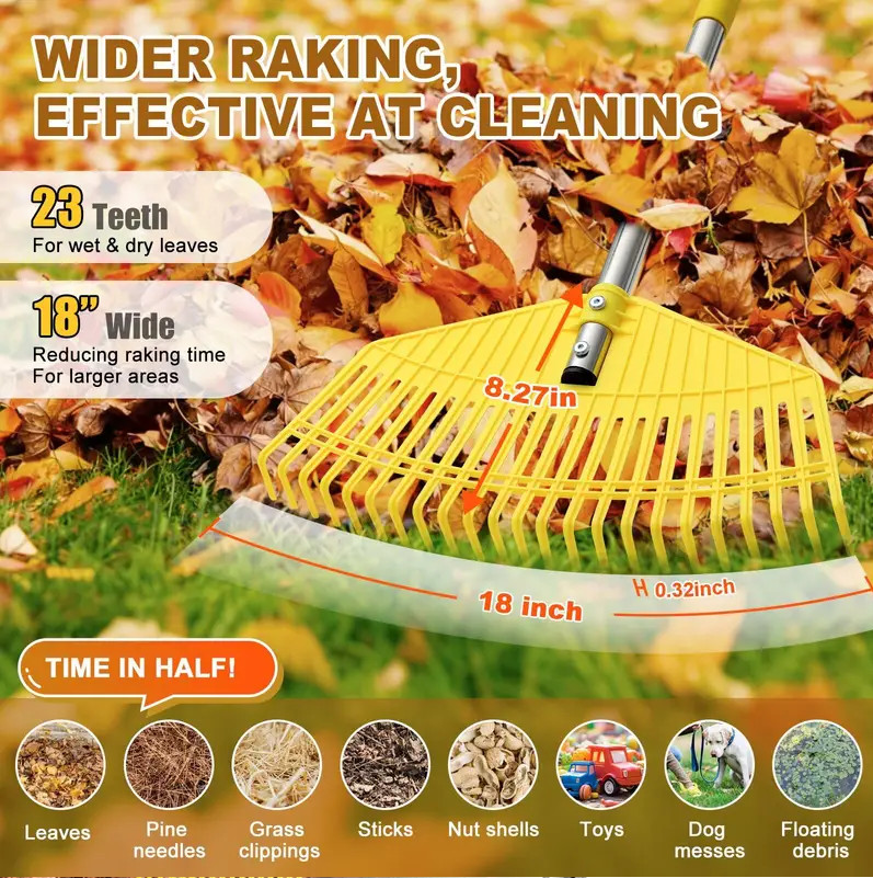 23 Non-Clog Flexible Tines 17″ wide Plastic-Head Rake Lightweight 79 Long Handle
