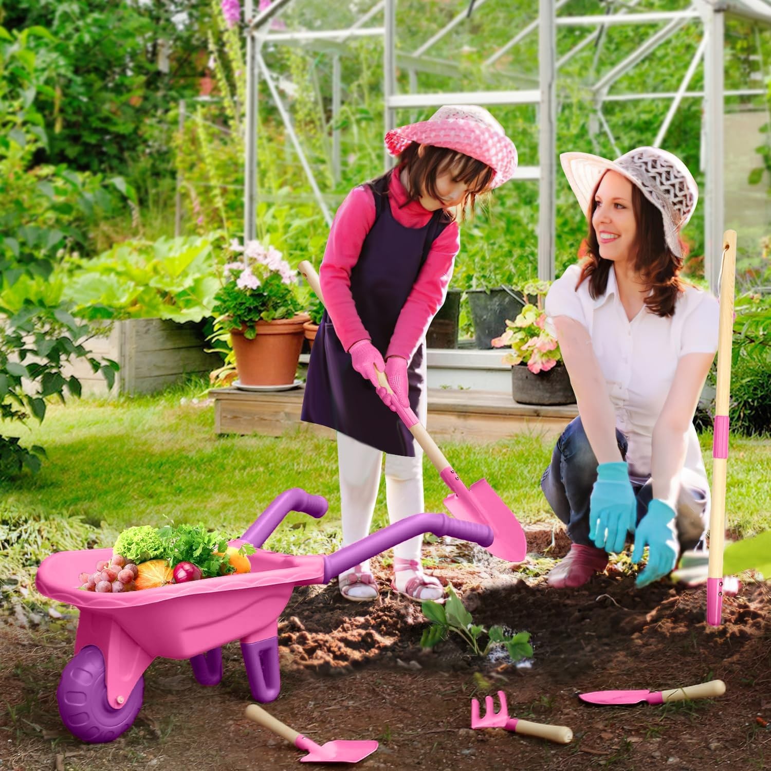 Kids Gardening Tools Outdoor Toys Set Backyard Play with Wheelbarrow Educatio…