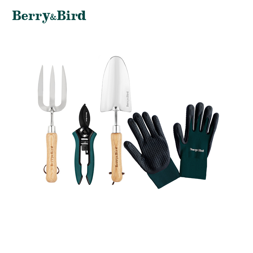 Berry&Bird Garden Tool Set Hand Trowel, Hand Fork, Pruning Shears, A Pair Gloves