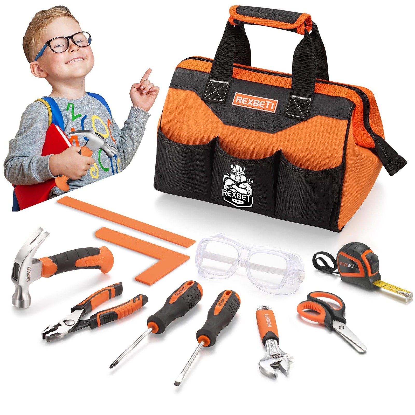 REXBETI 10-Piece Kids Tool Set with Real Hand Tools, Orange Durable Storage B…