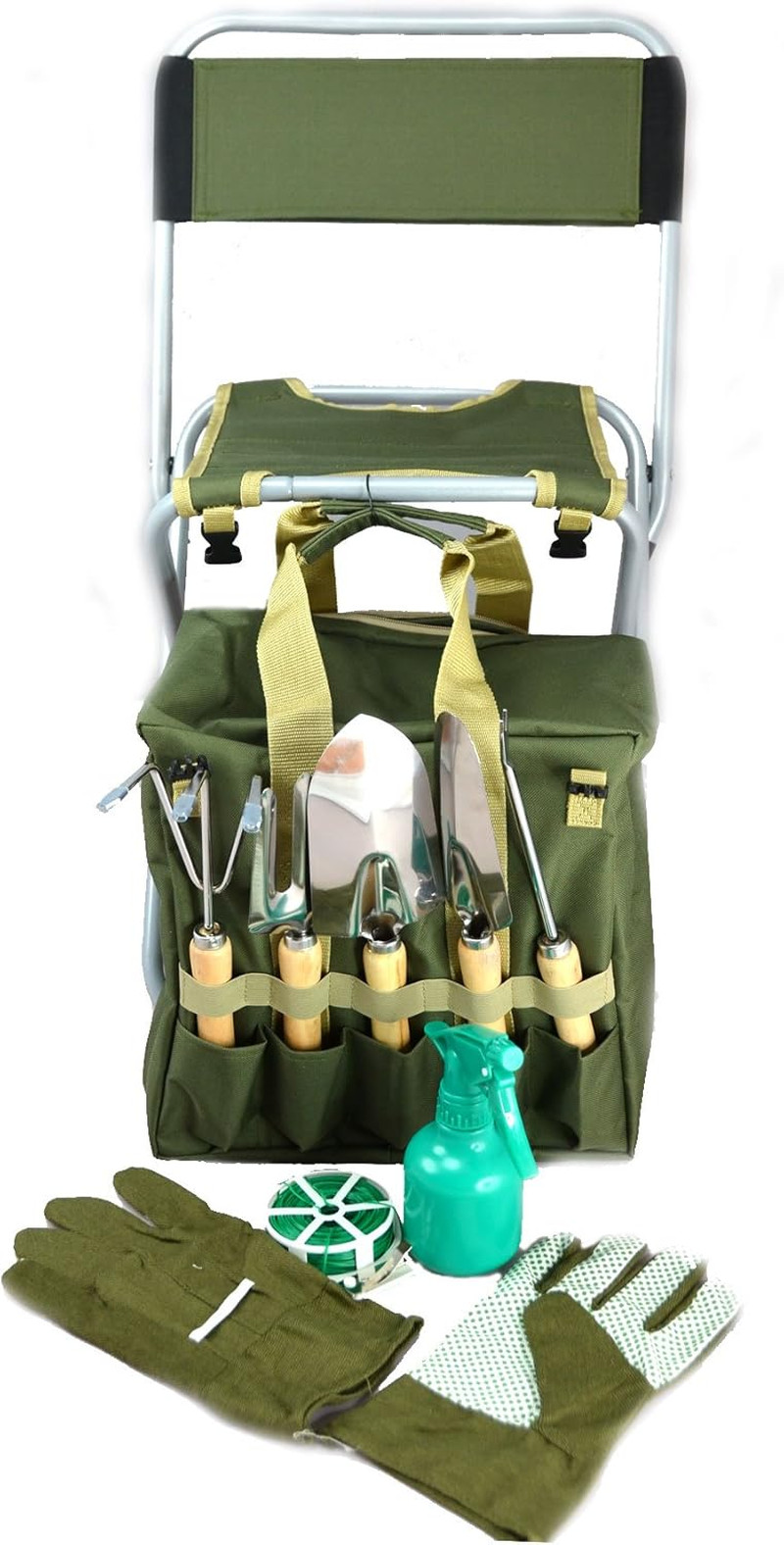 10-Piece Gardening Tool Set with Zippered Detachable Tote and Folding Stool Seat