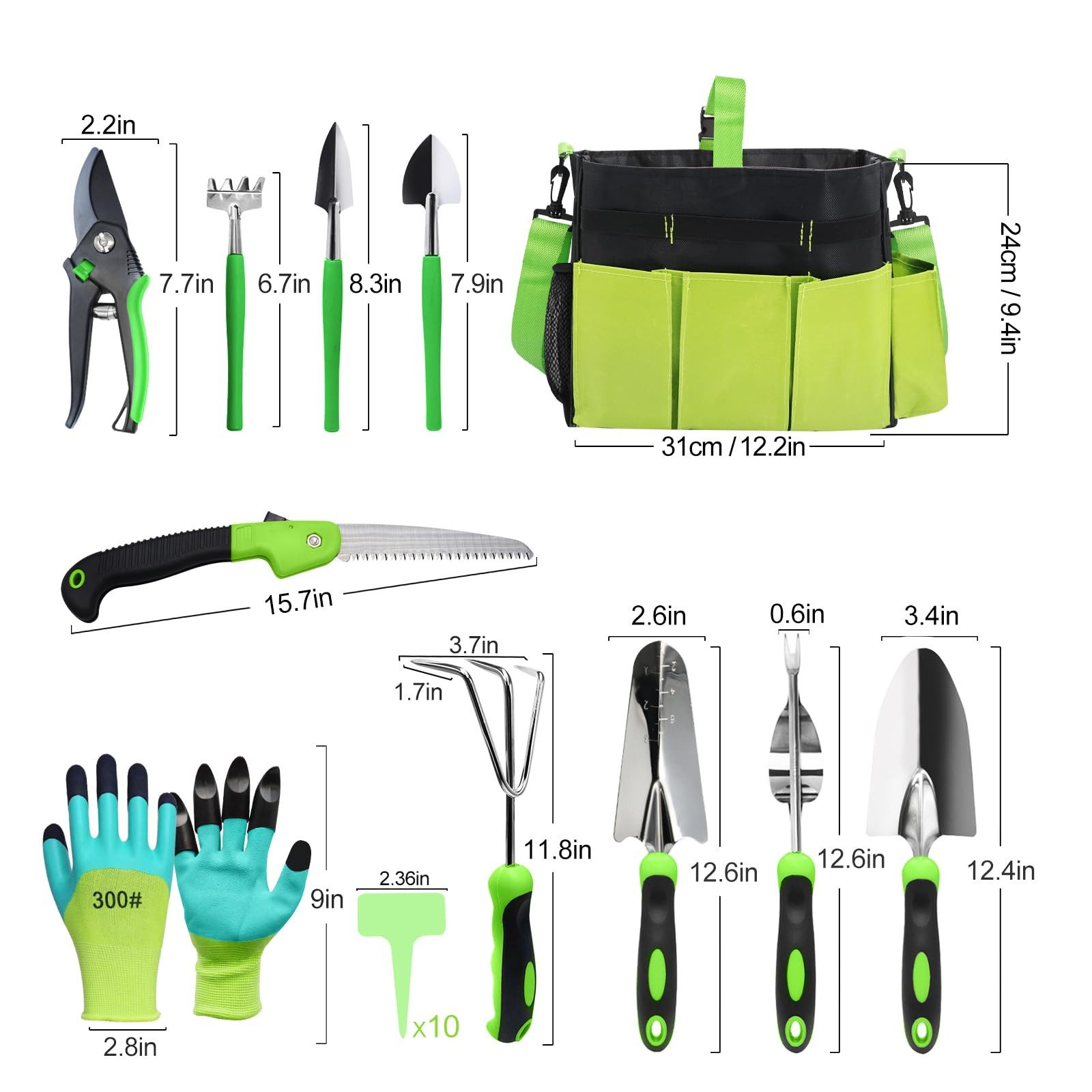 Gardening Tools Set of 11, Heavy Duty Stainless Steel Garden Hand Tools with …