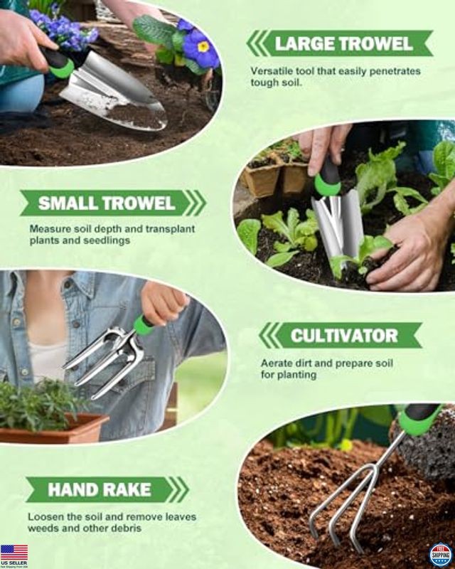 8-in-1 Heavy Duty Garden Tools Set, Stainless Steel Ergonomic Kit with Bag