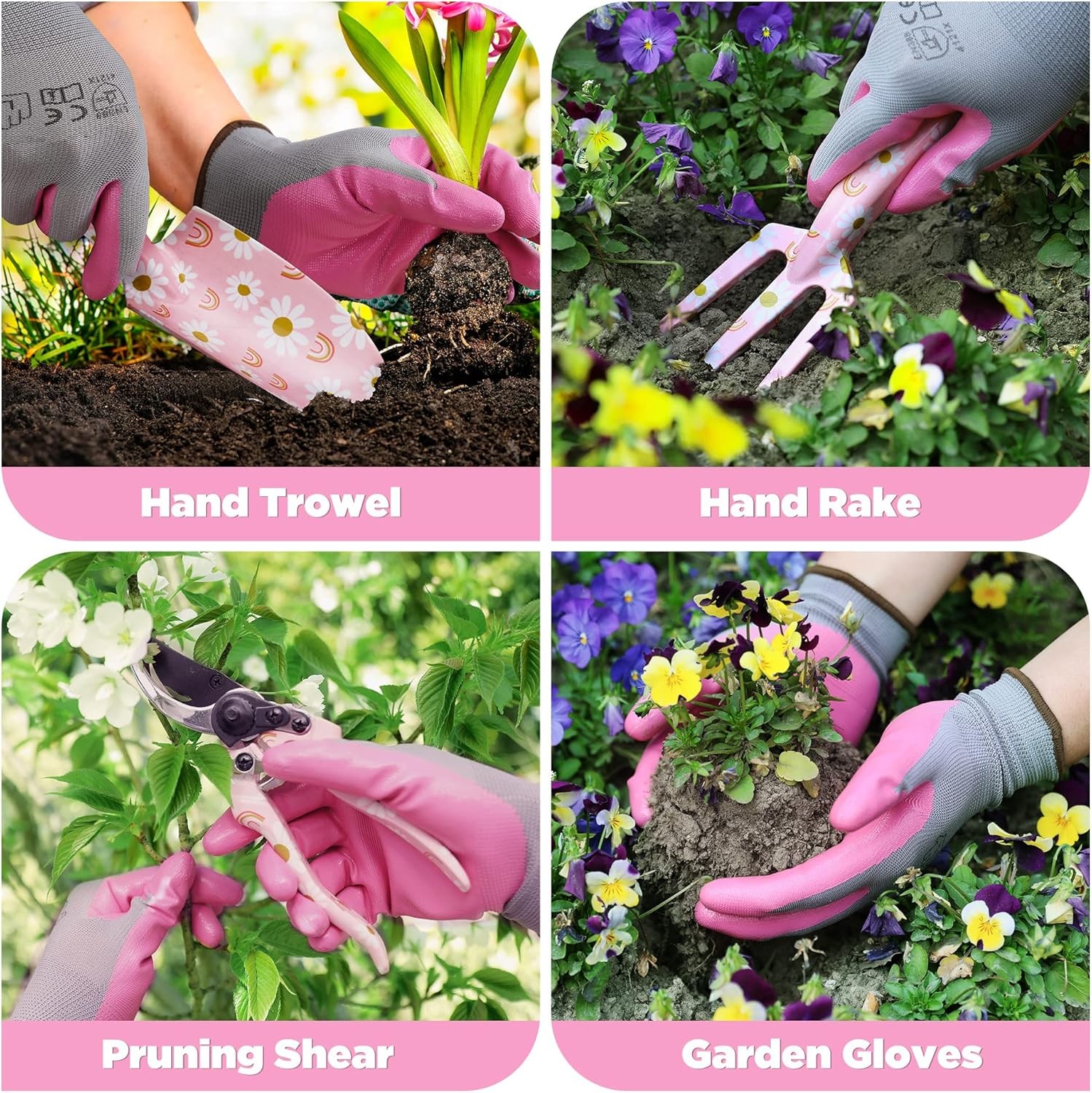 Pink Garden Tool Set 4PCS with Box, Trowel Rake Pruner Gloves