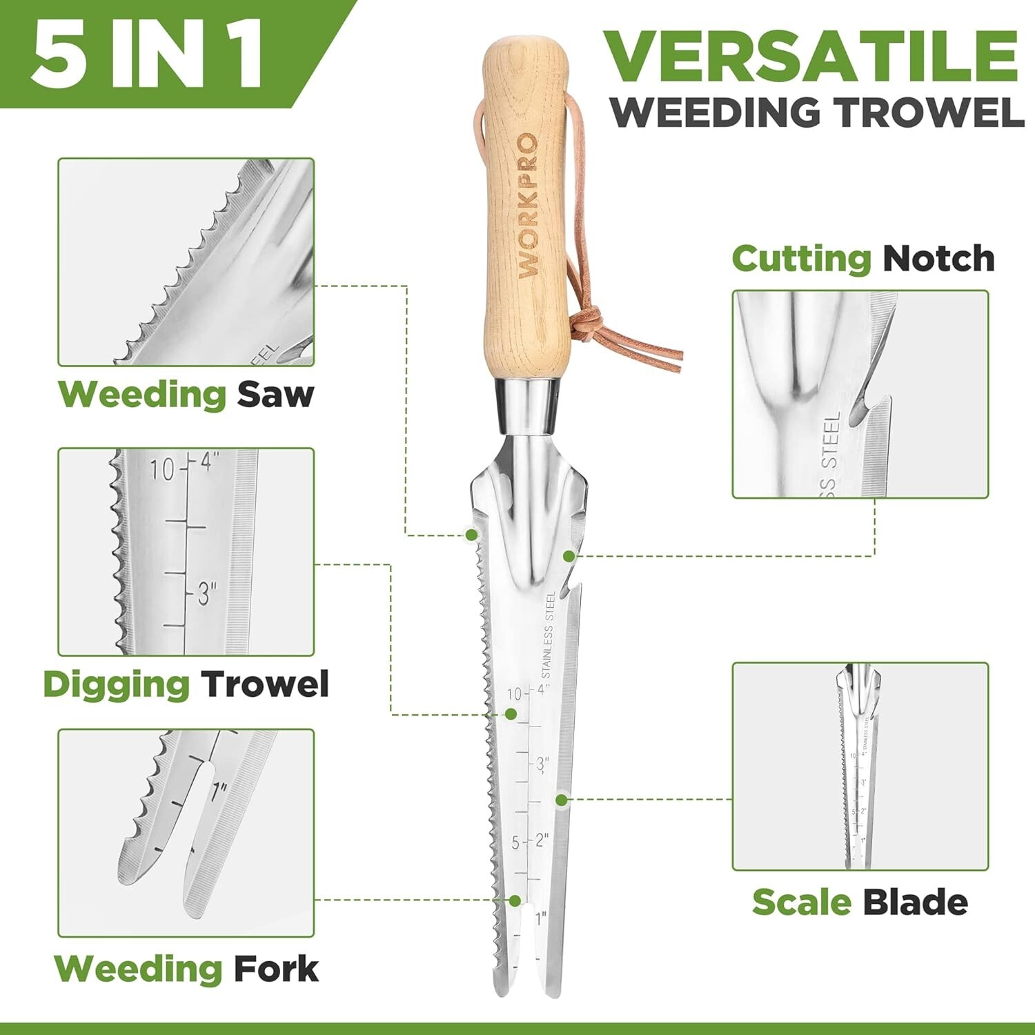 WORKPRO Hand Weeder Puller, 5-in-1 Stainless Steel Garden Trowel with Wooden Han