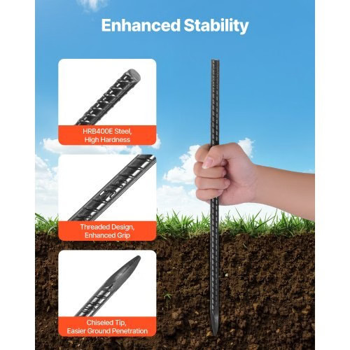 Rebar Stakes, 16-Inch, Heavy-Duty 0.45 in Diameter, Straight Galvanized Steel Gr