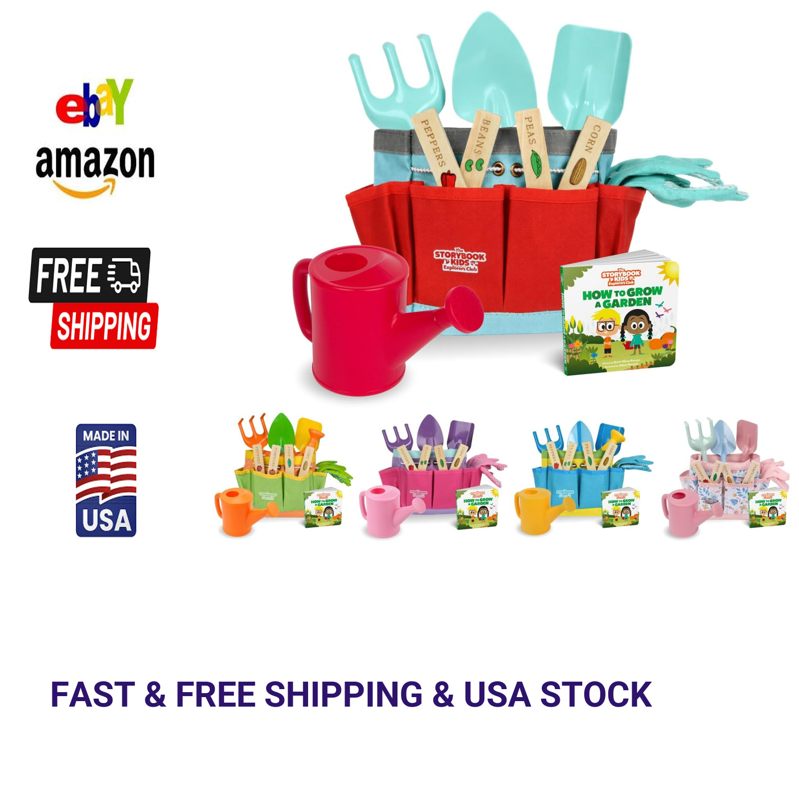 Kids Gardening Set with Watering Can Shovel Rake Kids Gardening Gloves Tote Bag
