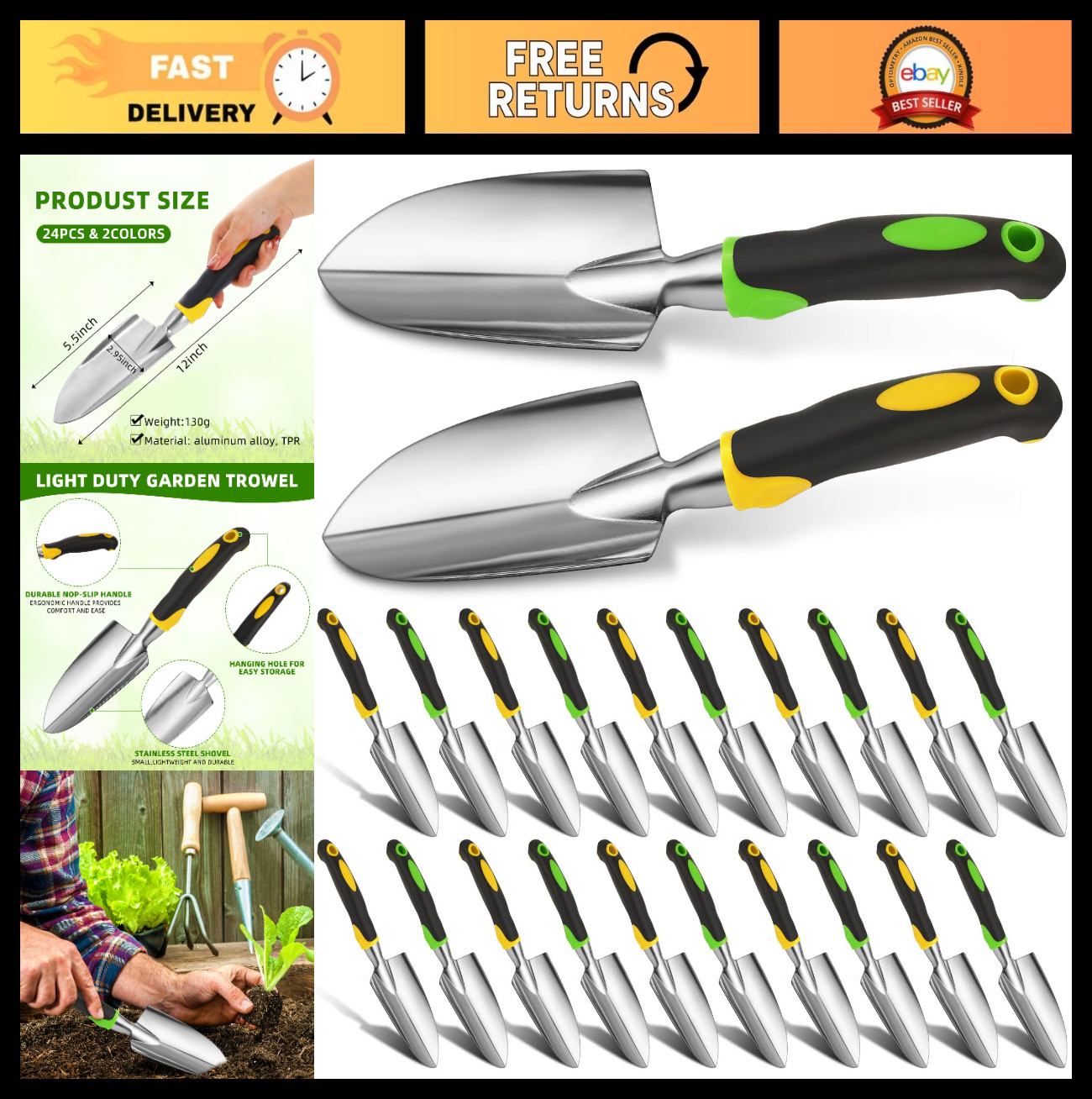 Heavy Duty Aluminum Alloy Garden Trowel Set – 12 Pcs Metal Shovels with Soft Gri