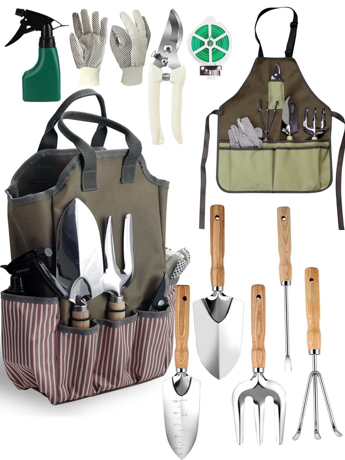 11 PCS Heavy Duty Stainless Steel Garden Tool Set Tote Bag Apron Ergonomic