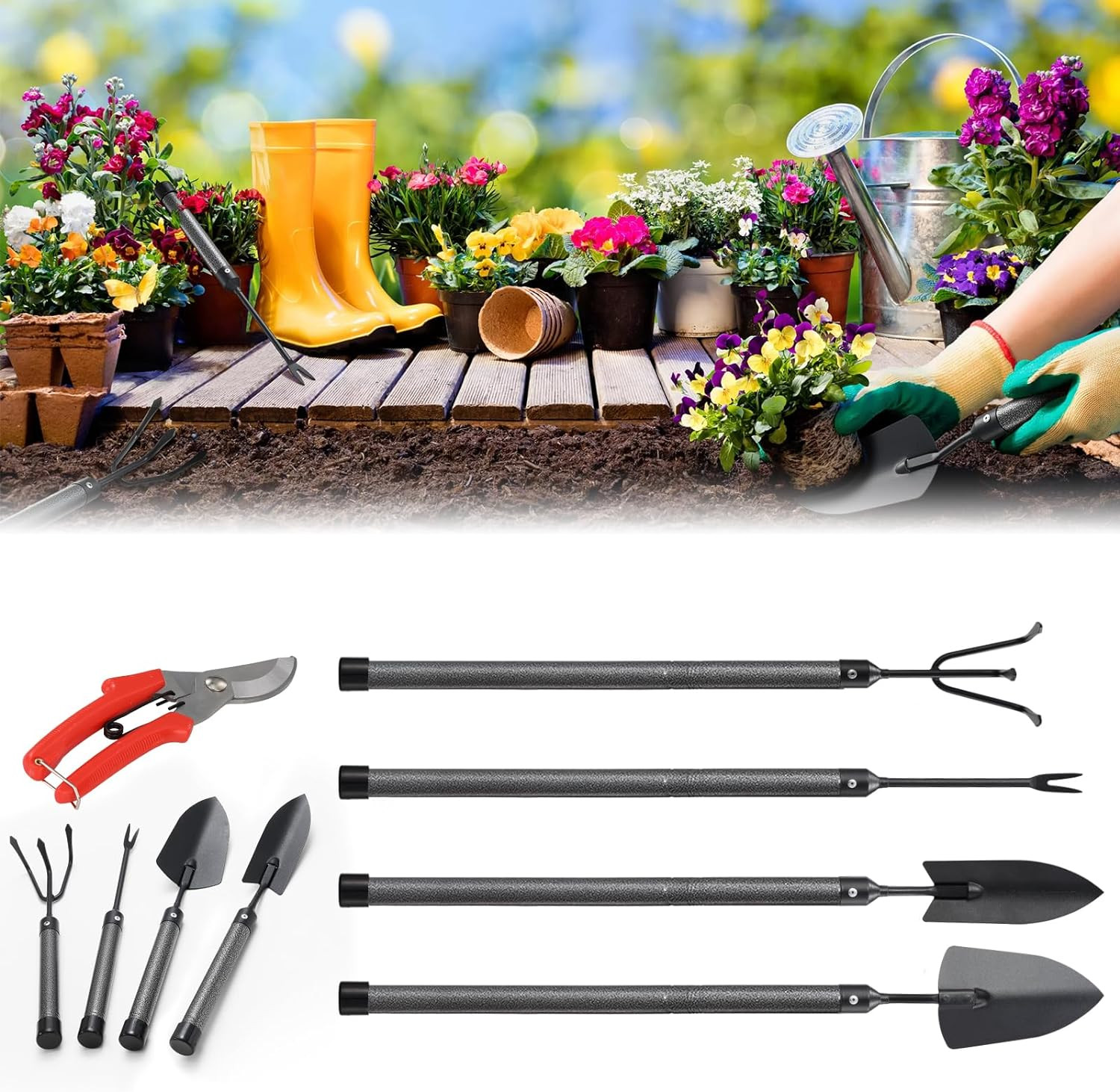 Garden Tool Set, 5Pcs Garden Tools with Extensions, Heavy Duty Rustproof Metal G
