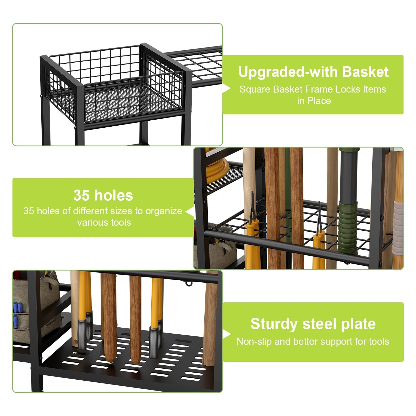 Keomaisyto Garden Tool Organizer With Basket – 3 Tier Yard Storage Rack for G…
