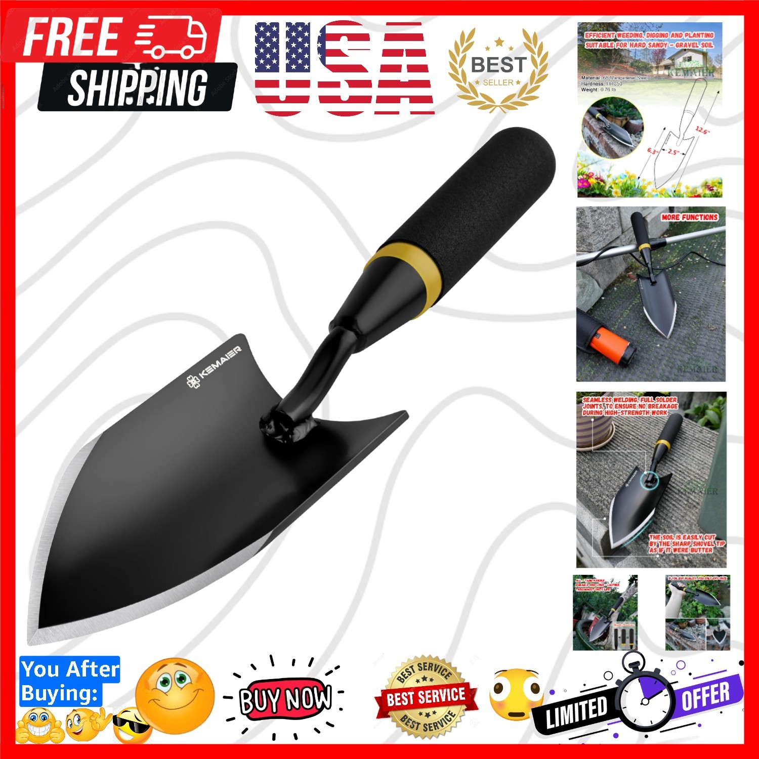 Heavy Duty Gardening Hand Trowel – Carbon Steel Garden Trowel with Rubberized…