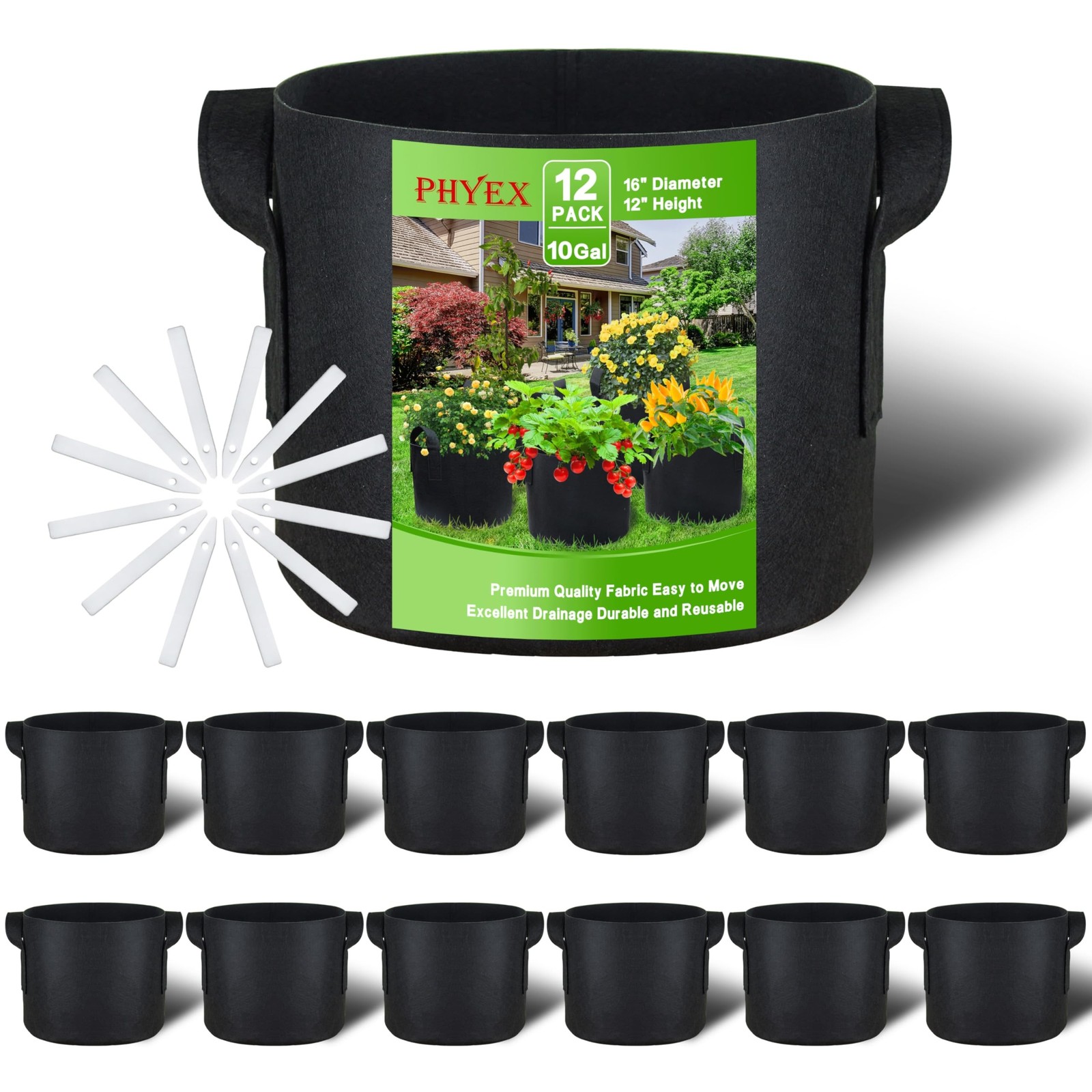 12-Pack 10 Gallon Grow Bags, Heavy Duty Fabric Pots with Handles, Reusable Pl…