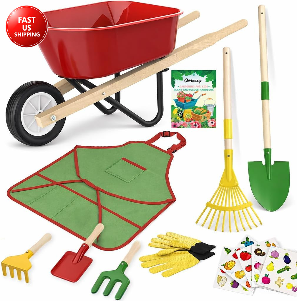 Kids Gardening Wheelbarrow Set, Metal & Wooden Garden Tools for Kids Ages 3-8, R
