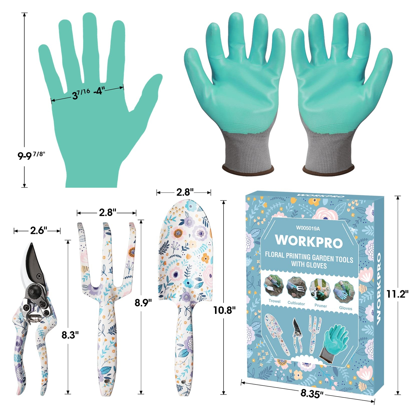 WORKPRO Aluminum Hand Garden Tool Set 4PC Trowel Rake Pruner Garden Gloves w/Box