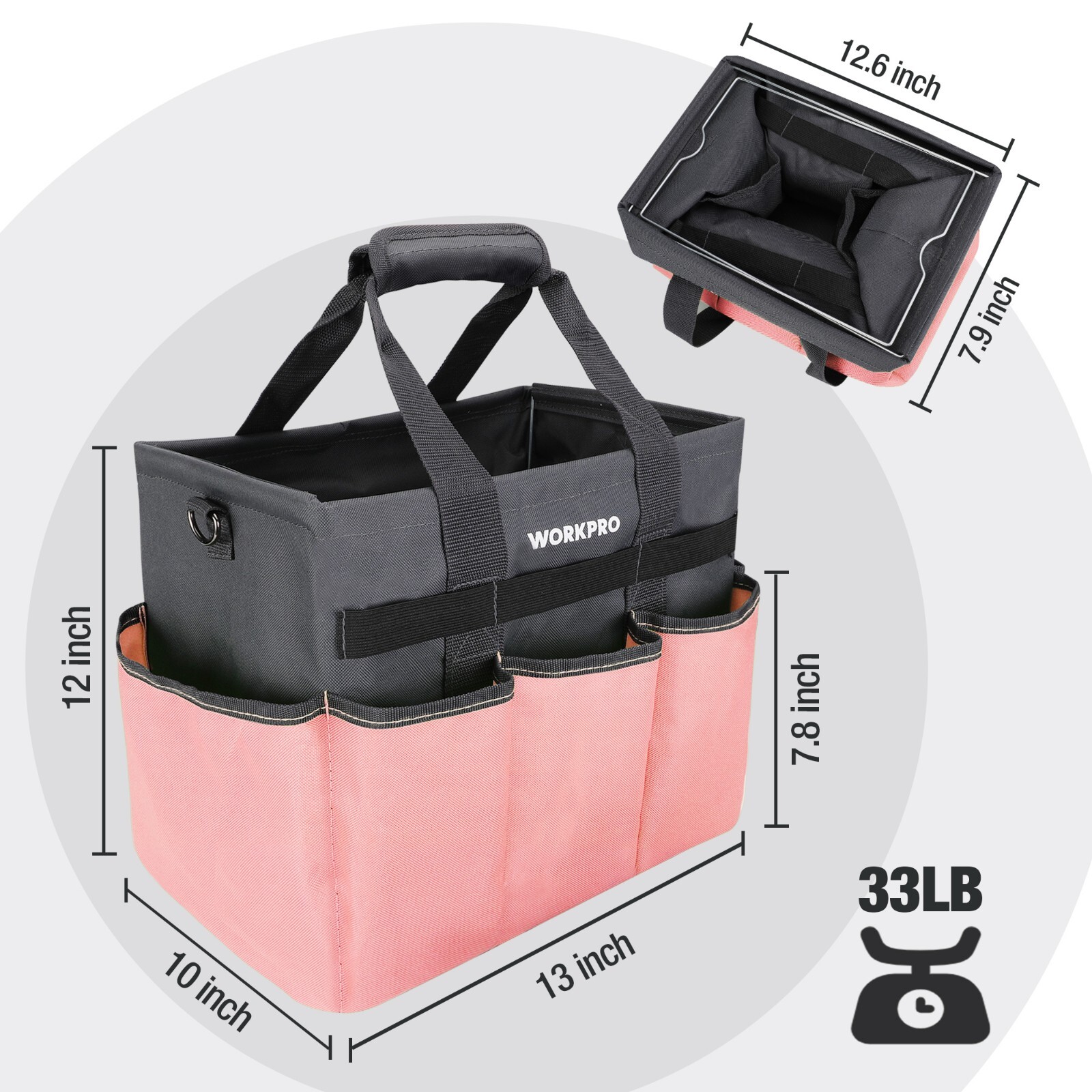 WORKPRO Garden Tool Bag, Heavy Duty with 10 Pockets Pink with Shoulder Strap