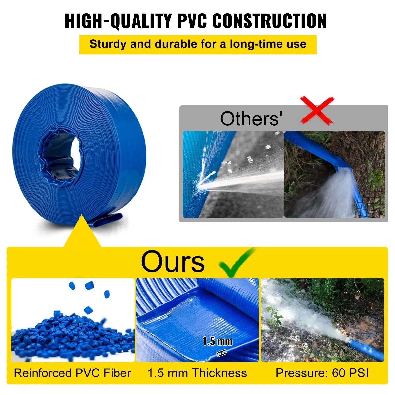 Discharge Hose, 1-1/2″ x 100′, PVC Fabric Lay Flat Hose, Heavy Duty Backwash