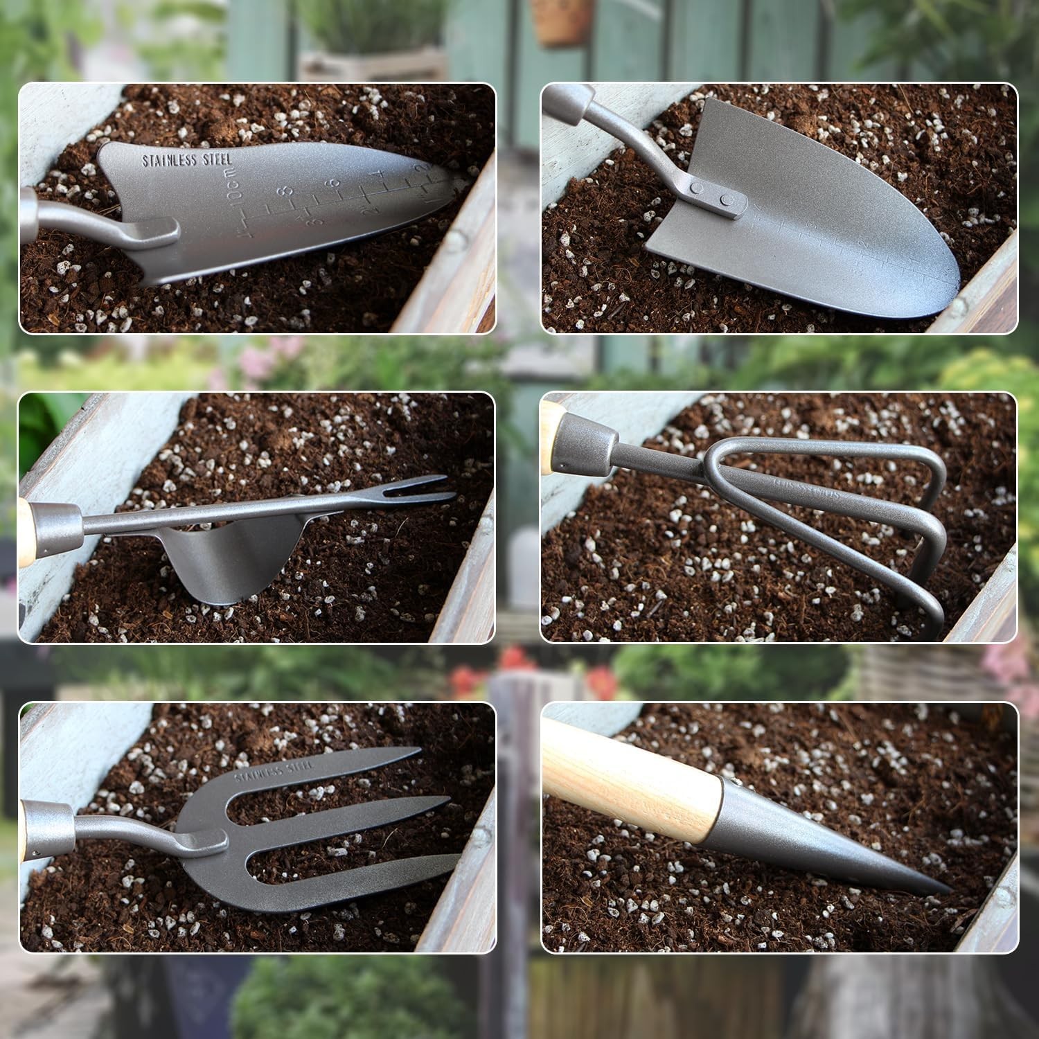 Japanese Gardening Tools Set 6 Piece Stainless Steel Hand Trowel Dibble Rake