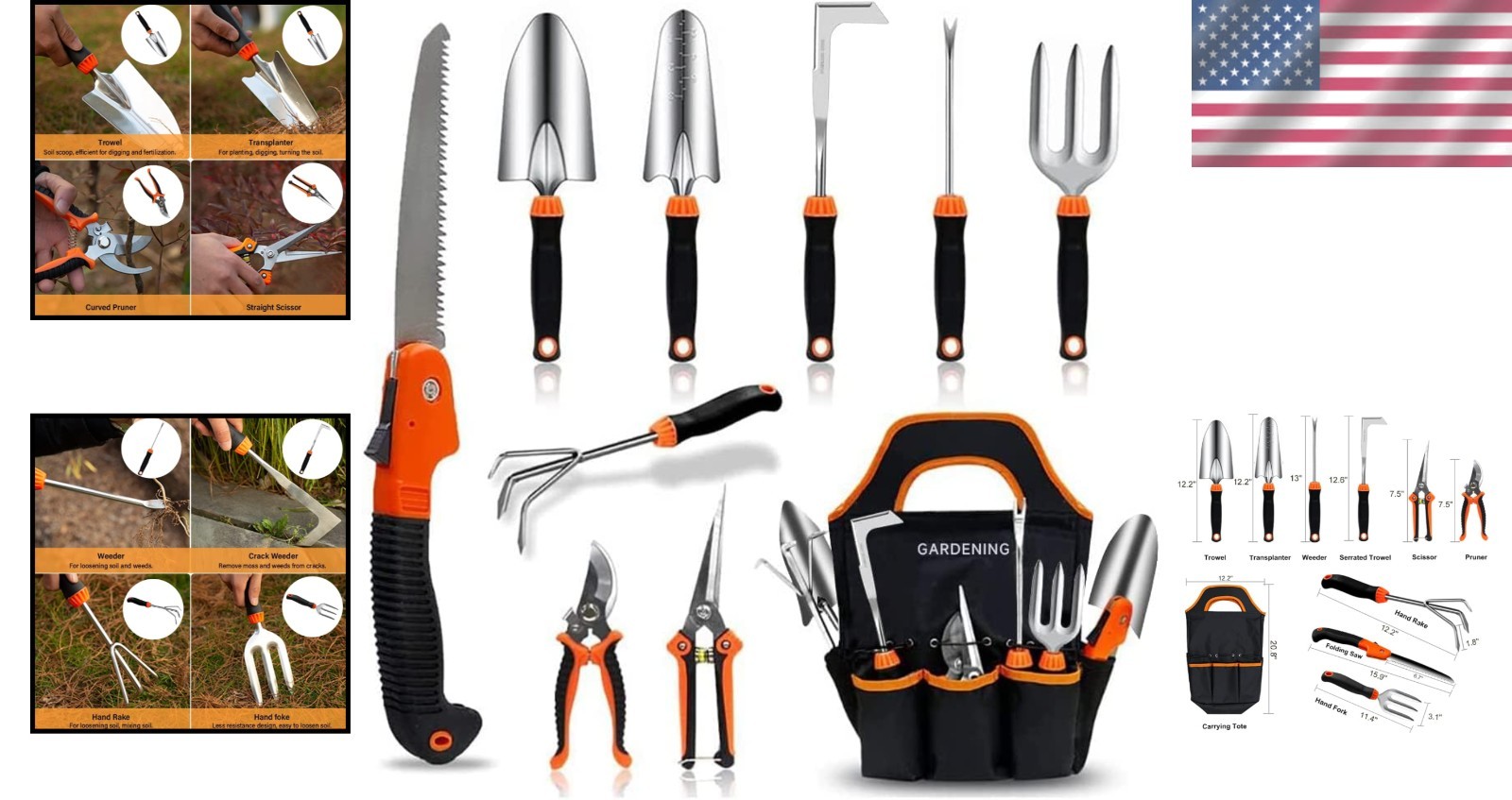 Heavy Duty 10PCS Ergonomic Gardening Tools Set in Stylish Orange/Black Tote