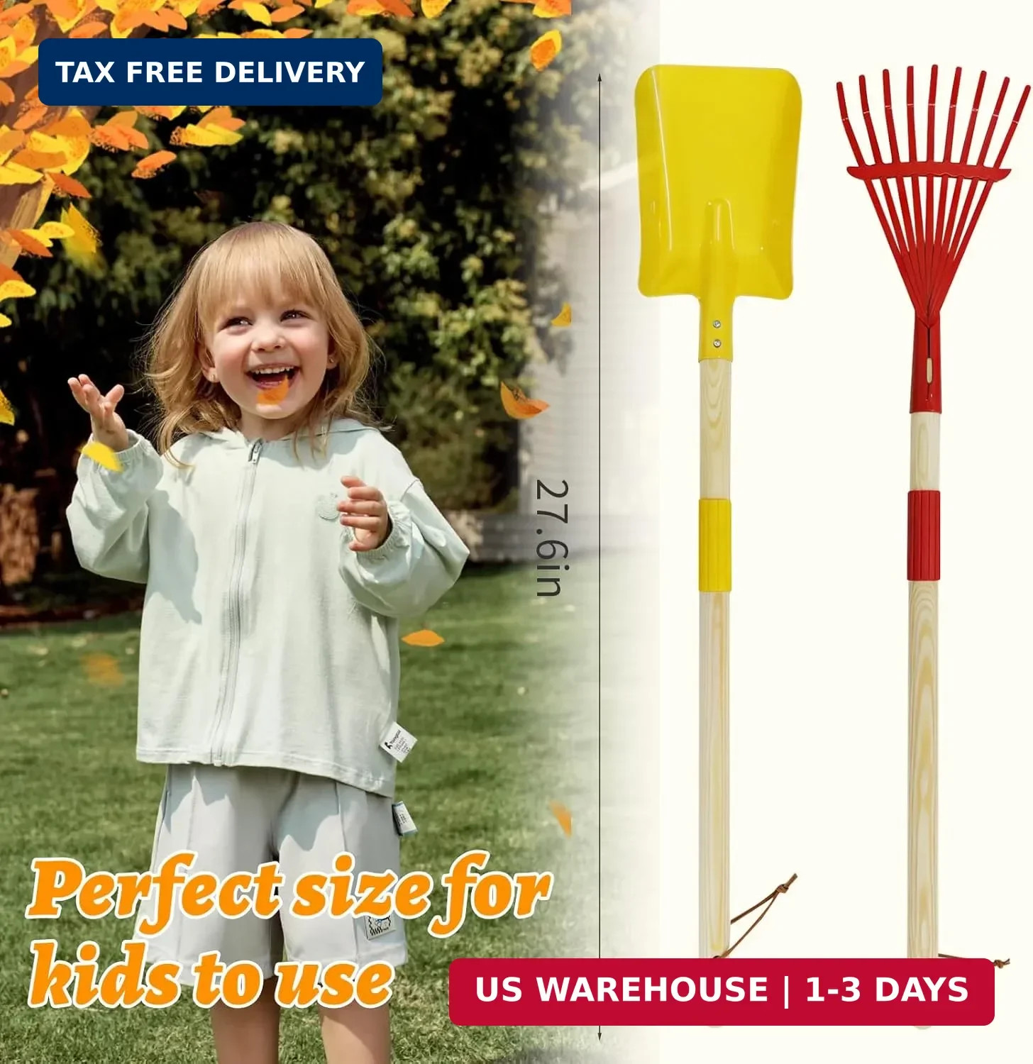 2 Pcs Kids Rake and Shovel Set,28″ Toddler Size Metal Snow Shovel & Leaves Rake