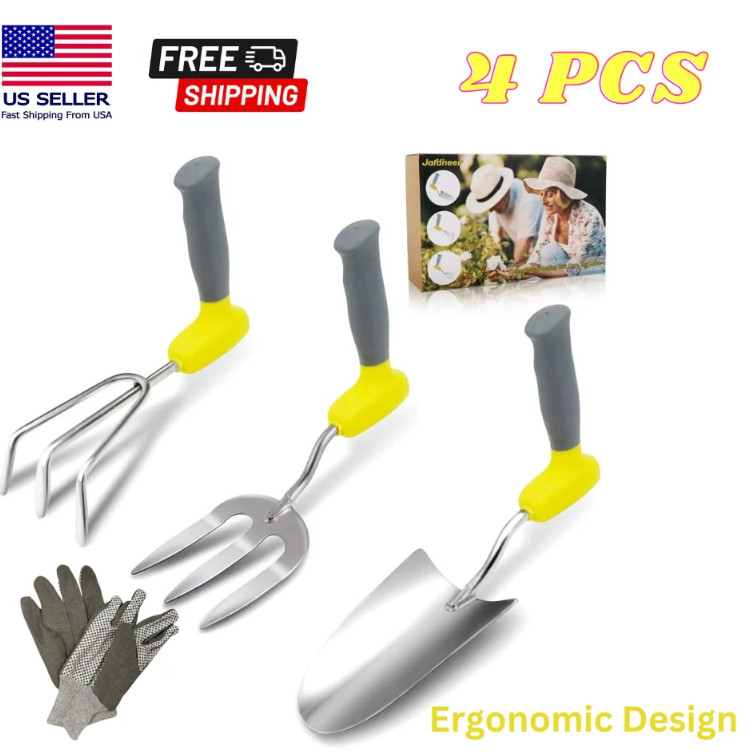 4pc Garden Tool Set Heavy Duty Ergonomic Trowel Spade Fork Cultivator Yard Hand