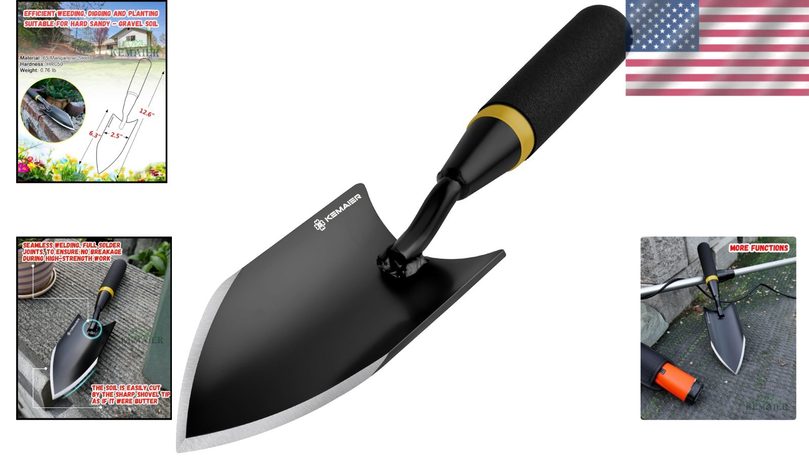 Heavy Duty Gardening Hand Trowel – Carbon Steel Garden Trowel with Rubberized…