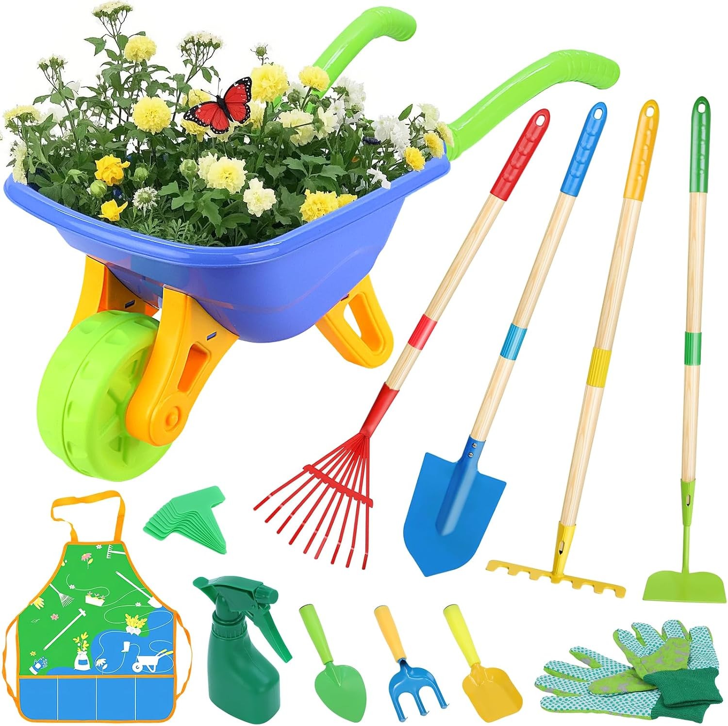 11-Piece Kids Gardening Set W/ Wheelbarrow Shovel Rake Hoe Gloves & Apron