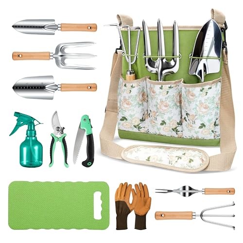 Grenebo 11-Piece Heavy Duty Gardening Tool Set with Ergonomic Crossbody Bag