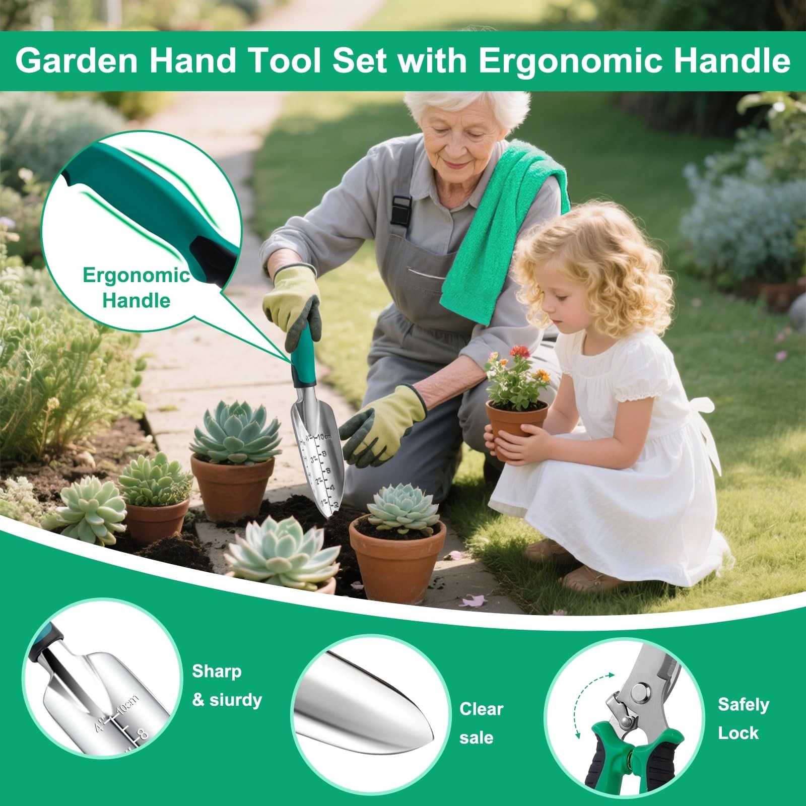 12 PCS Green Garden Tool Set, Heavy Duty, Fashion Handbag, Cute, Gift, Women