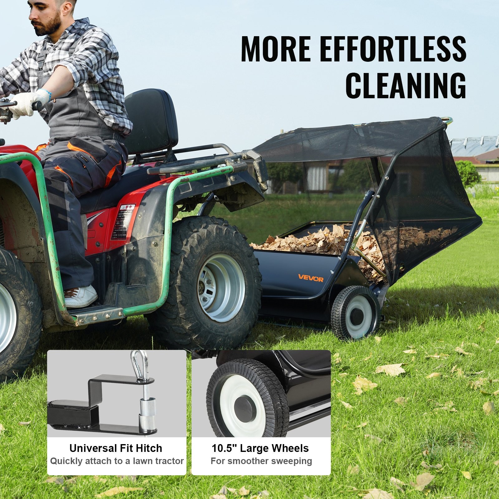 Tow Behind Lawn Sweeper, 44 in Pull Behind Lawn Sweeper, 25 cu. ft Large Capacit