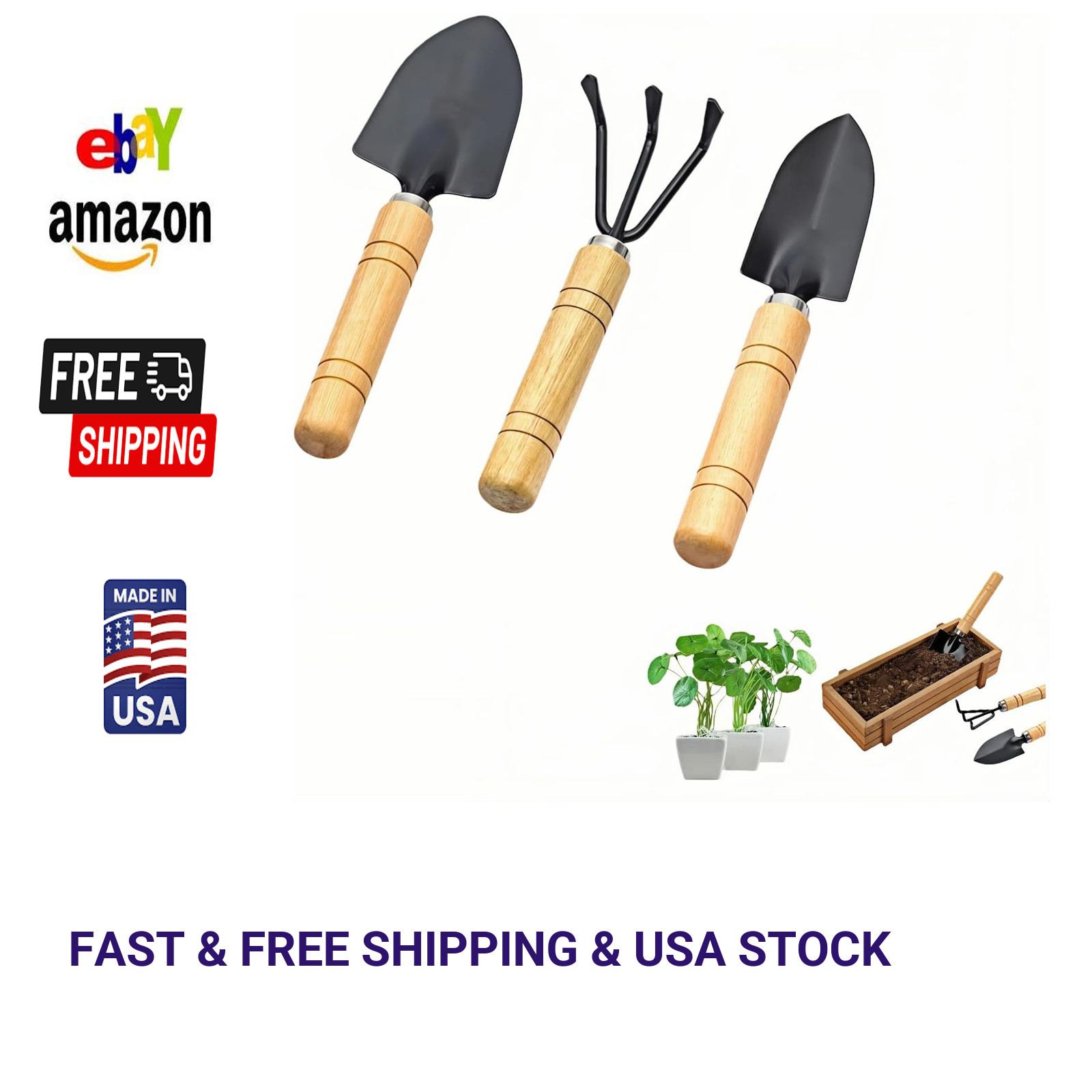Mini Garden Tool Set with Wood Handles, Black Iron Trowel Transplanter Rake for