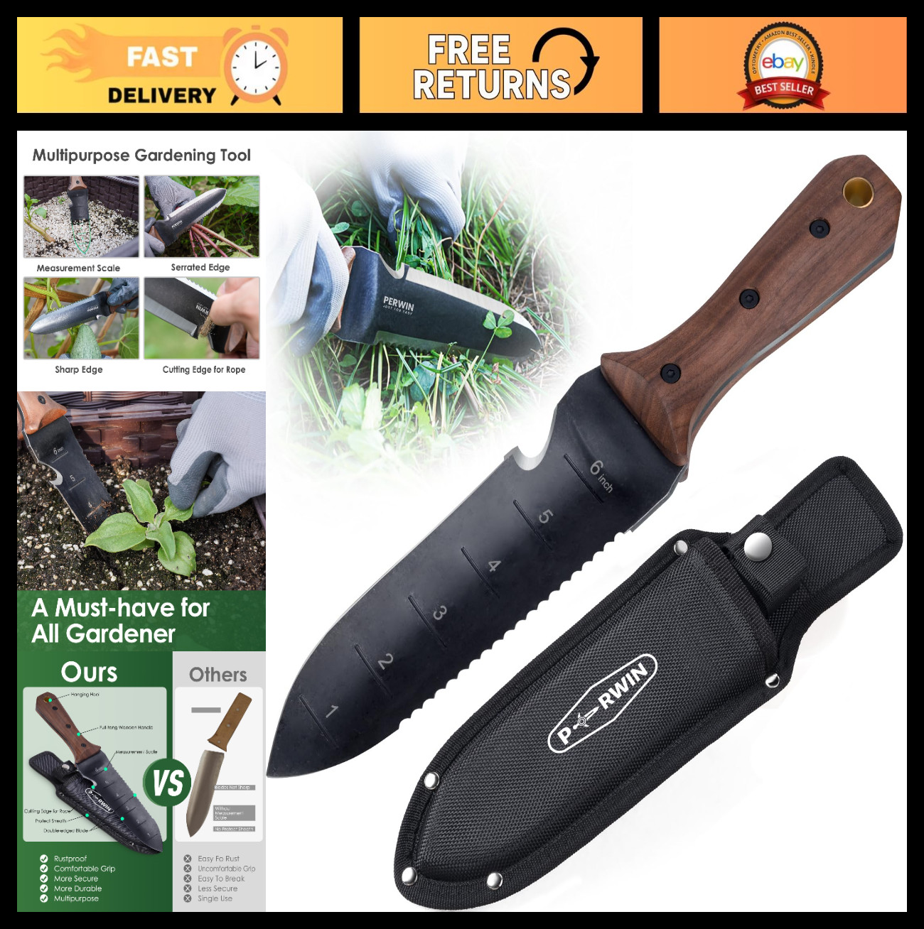 Hori Hori Garden Knife with Sheath – 7″ Stainless Steel Blade, Full-Tang Wood Ha