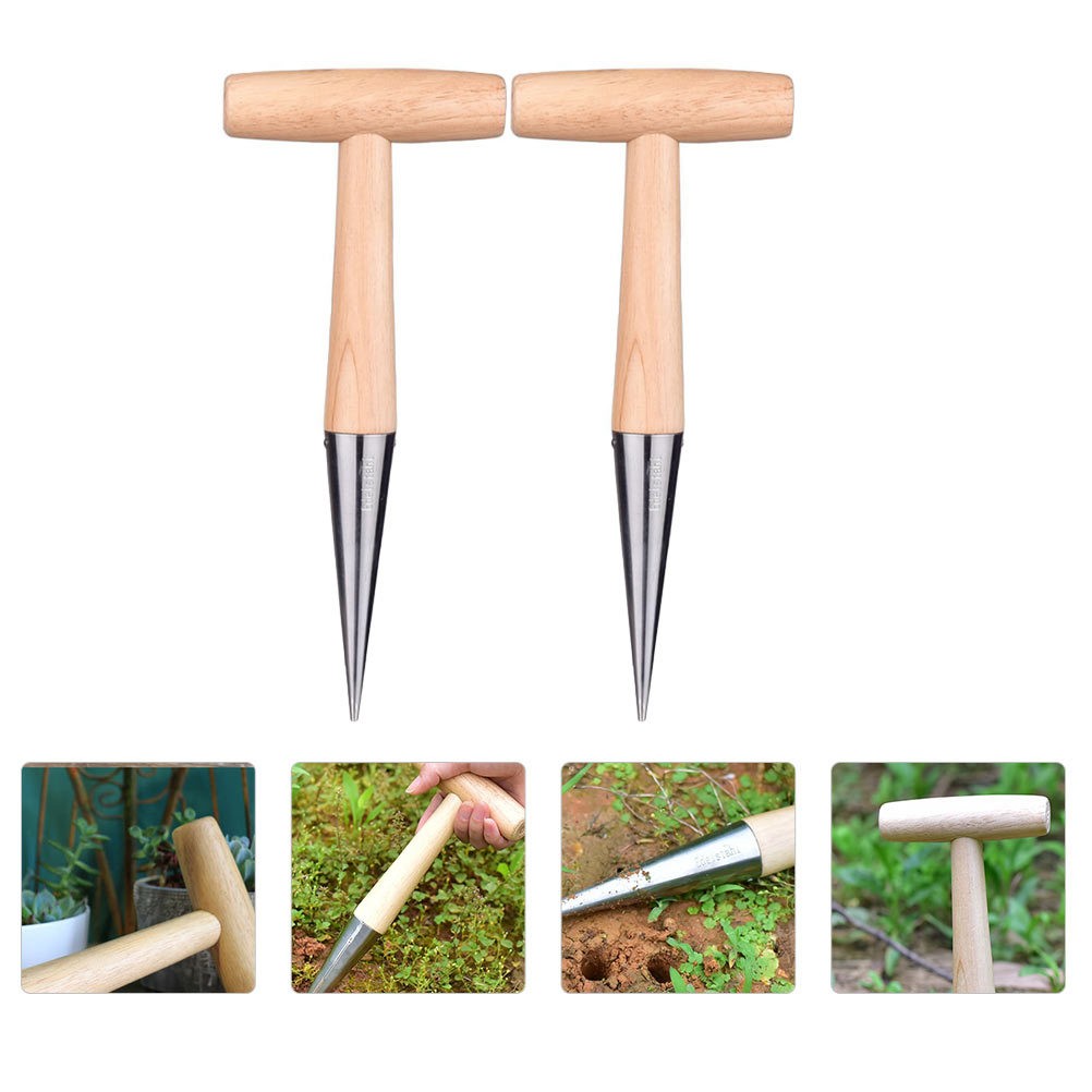 2Pcs Soil Puncher Tools Wooden Hand Dibbers for Garden Planting and Sowing