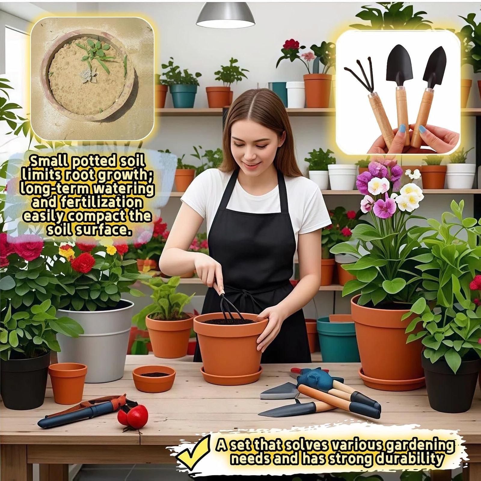 Mini Garden Tool Set with Wood Handles, Black Iron Trowel Transplanter Rake for