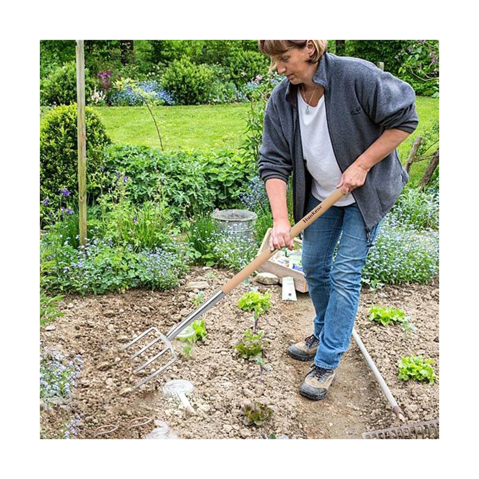 Garden Pitchfork Spade Set, 4-Tine Stainless Steel Pitchfork, 47″ Heavy Duty …