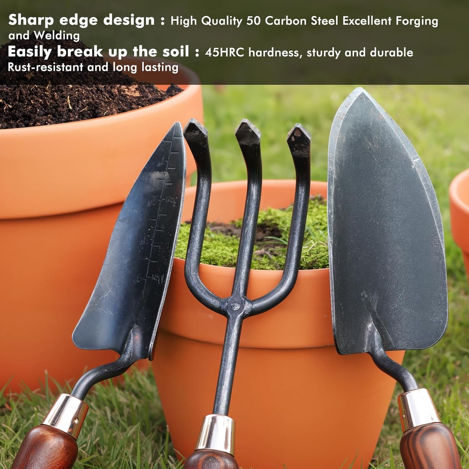 3PCS Garden Tool Set Trowel Transplanter Cultivator Carbon Steel Kit
