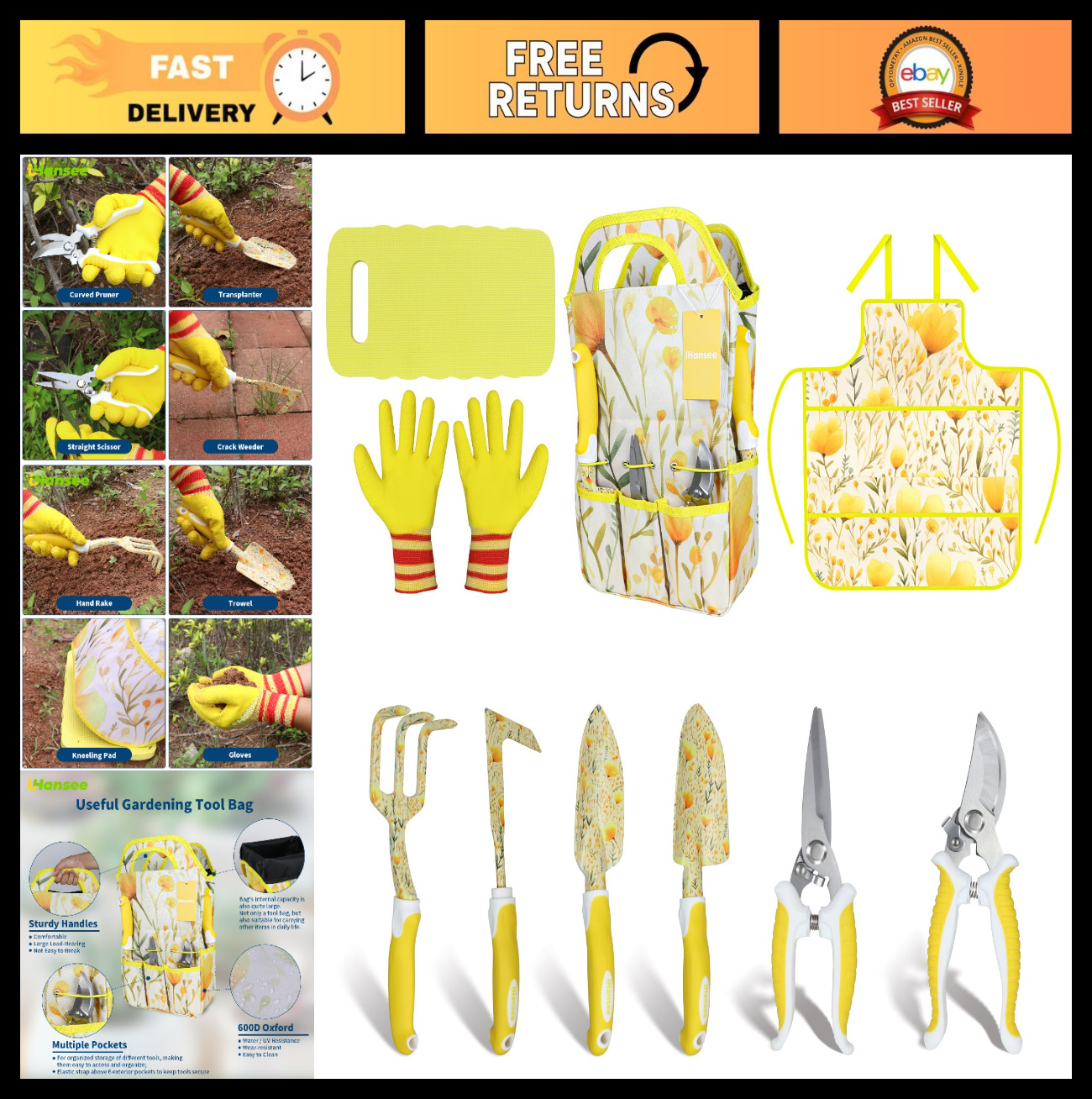 10-Piece Yellow Gardening Tools Set with Handbag, Ergonomic Non-Slip Handles, Gi